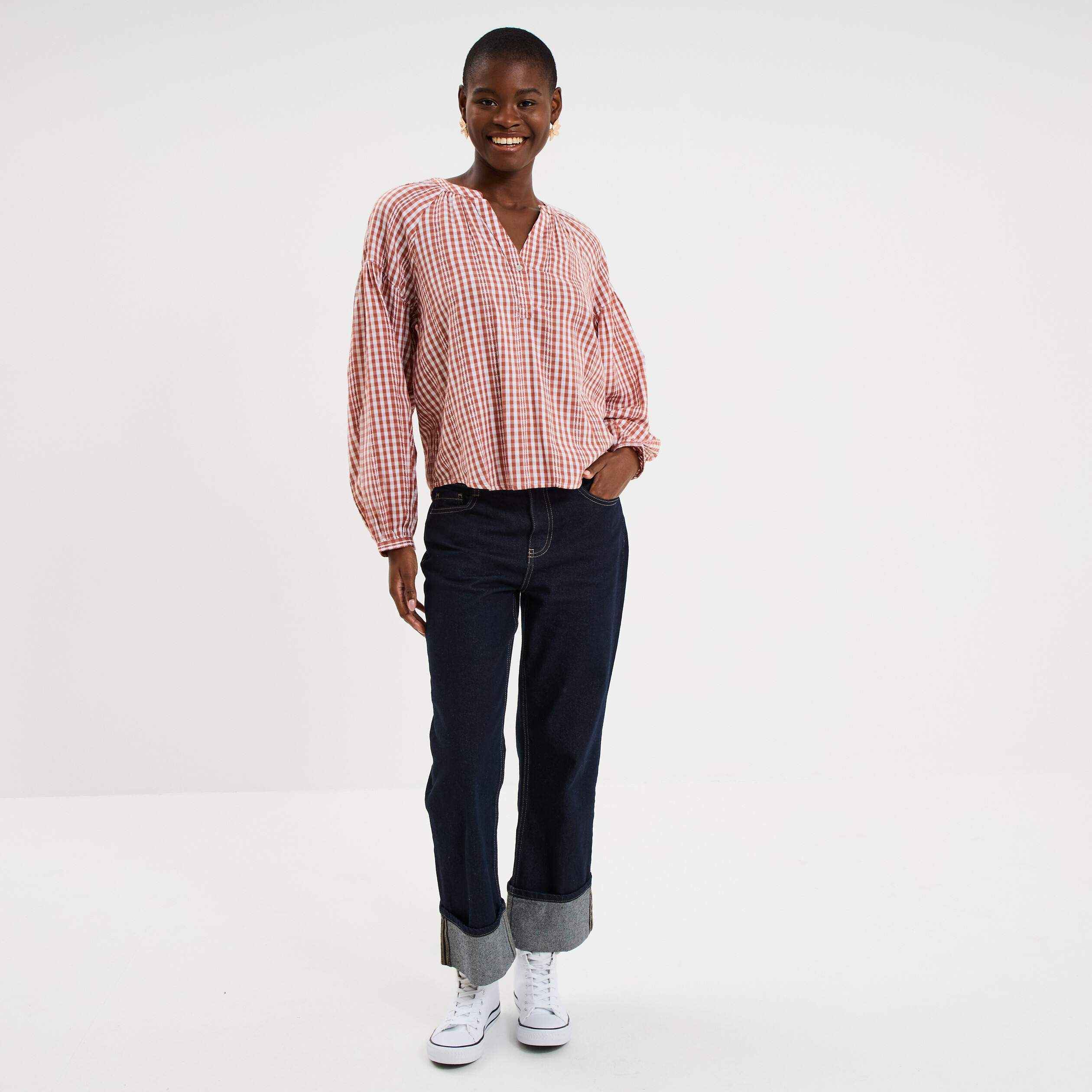 Blouse oversize col tunisien coton terracotta femme