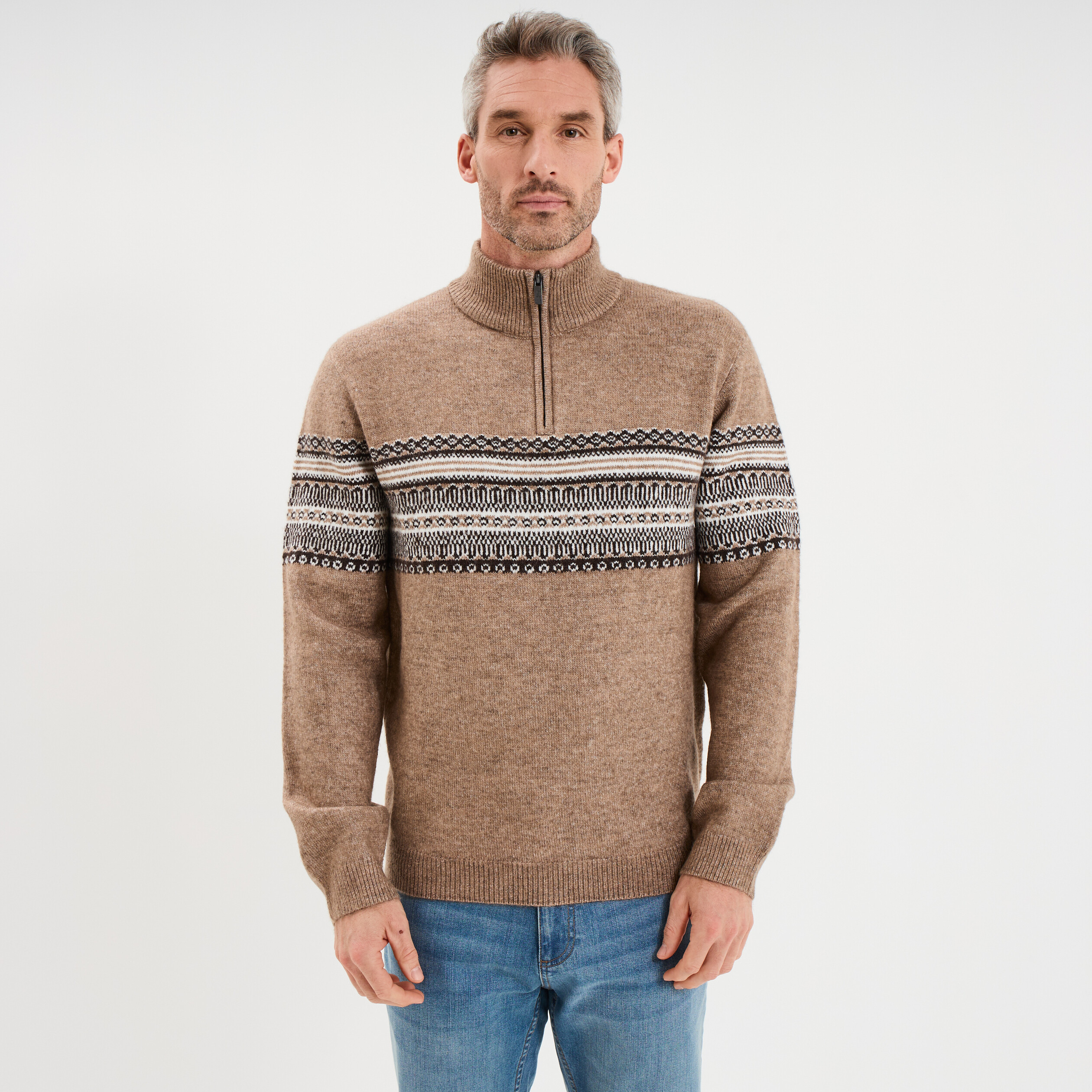 Pull camionneur jacquard manches longues taupe homme