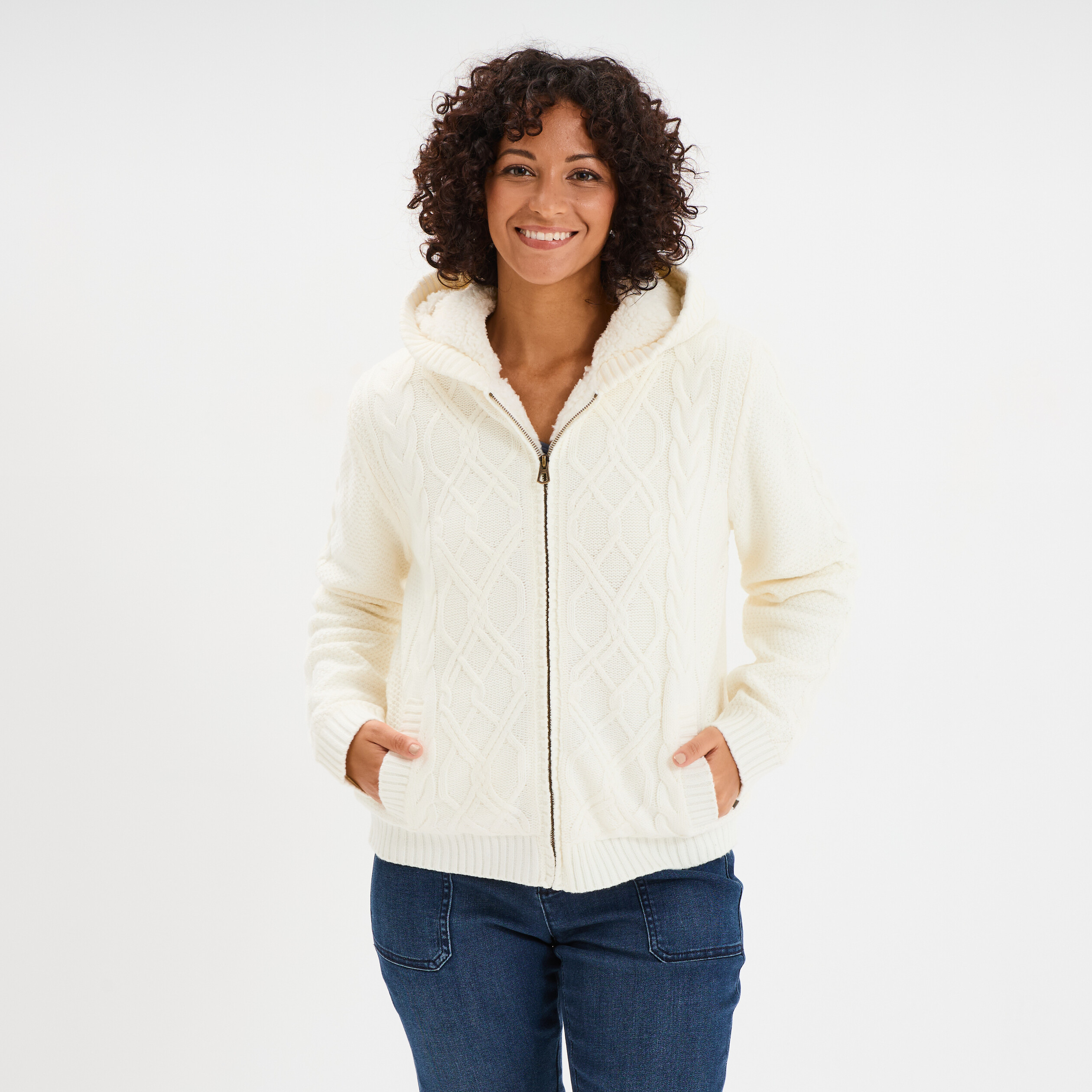 Sweat zipp&eacute; doublure effet sherpa ecru femme