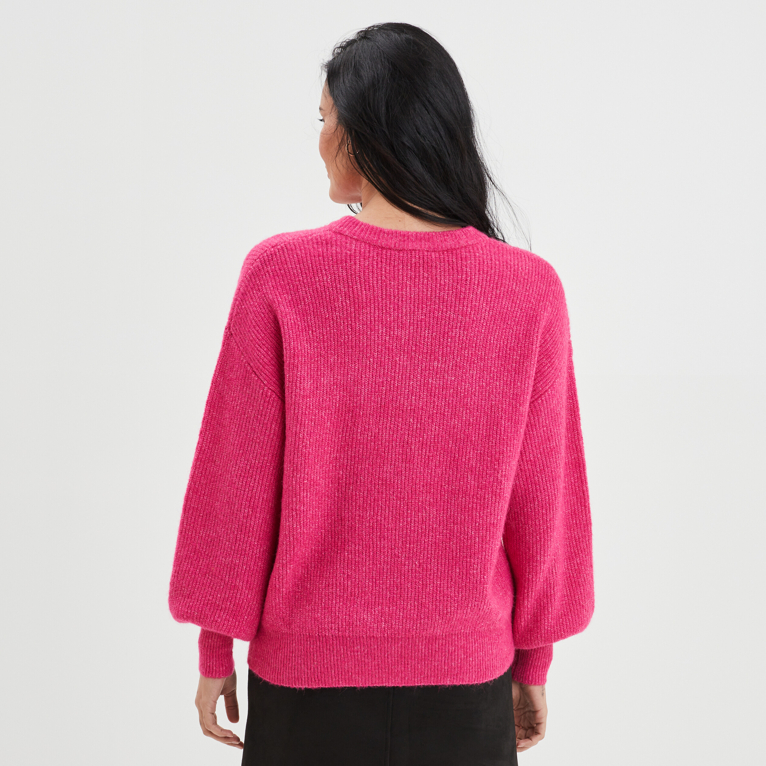 Pull col rond manches ballons rose fushia femme