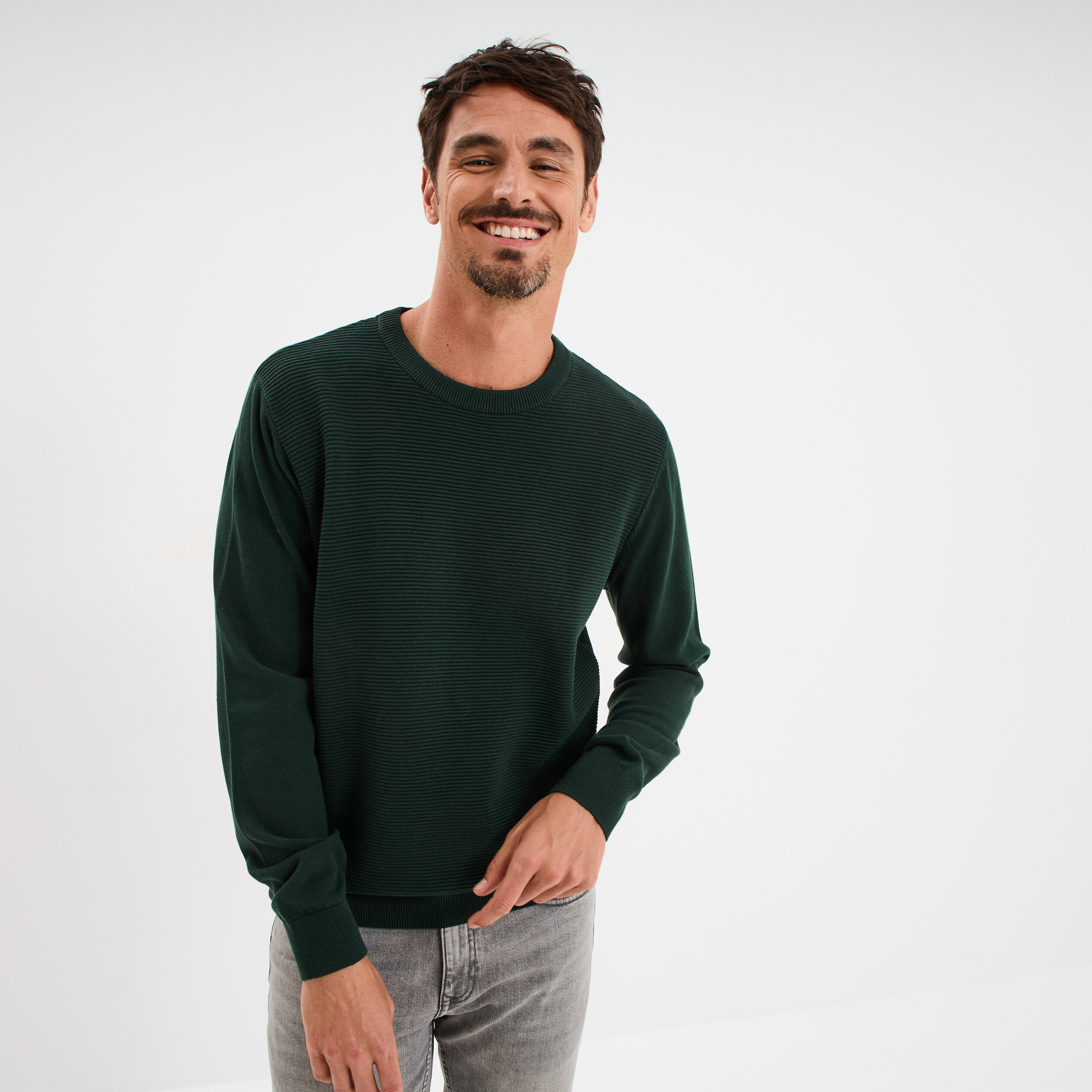 pull col rond coton manches longues vert fonce homme Pull col rond coton manches longues vert foncé homme