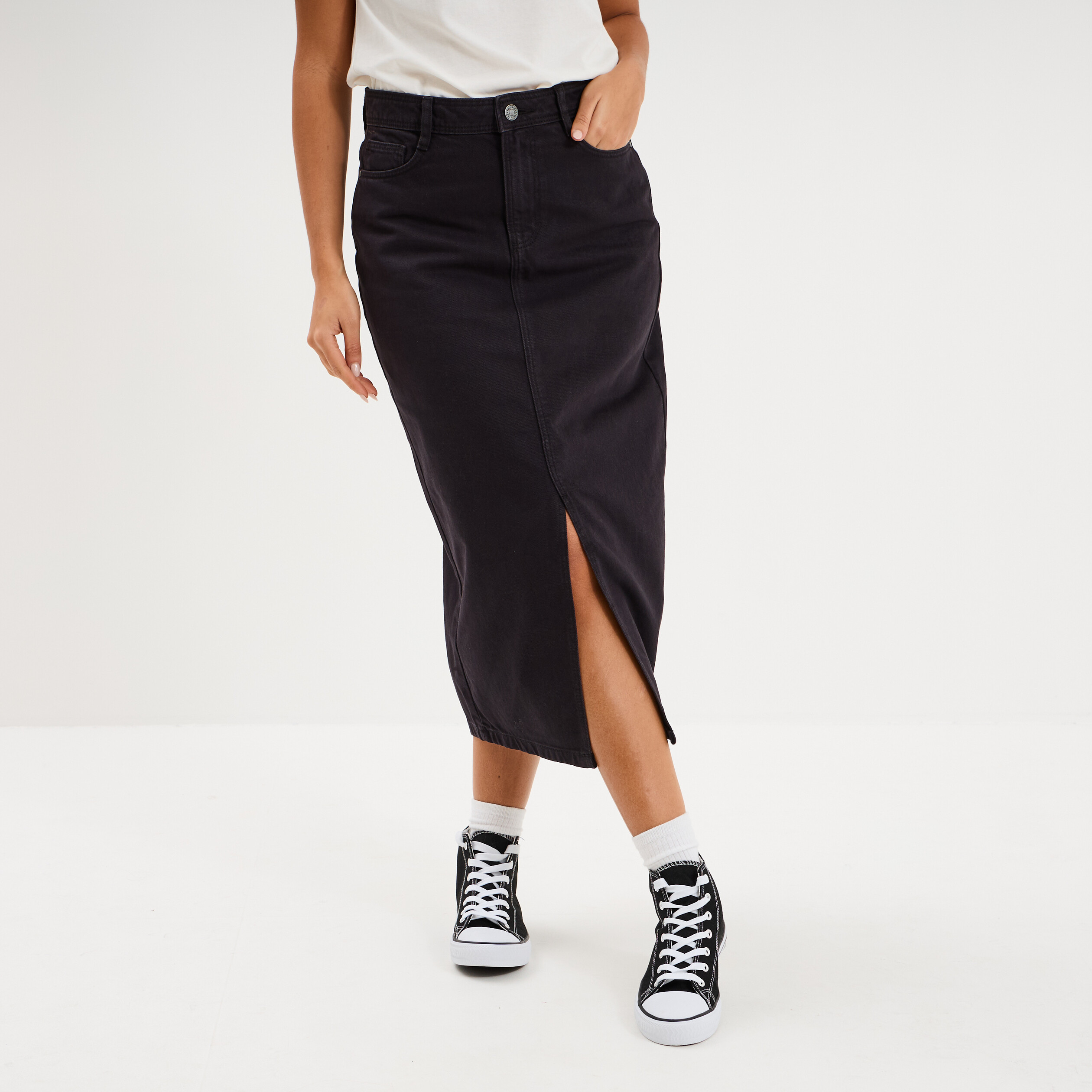Jupe en jean longue fendue droite denim noir femme
