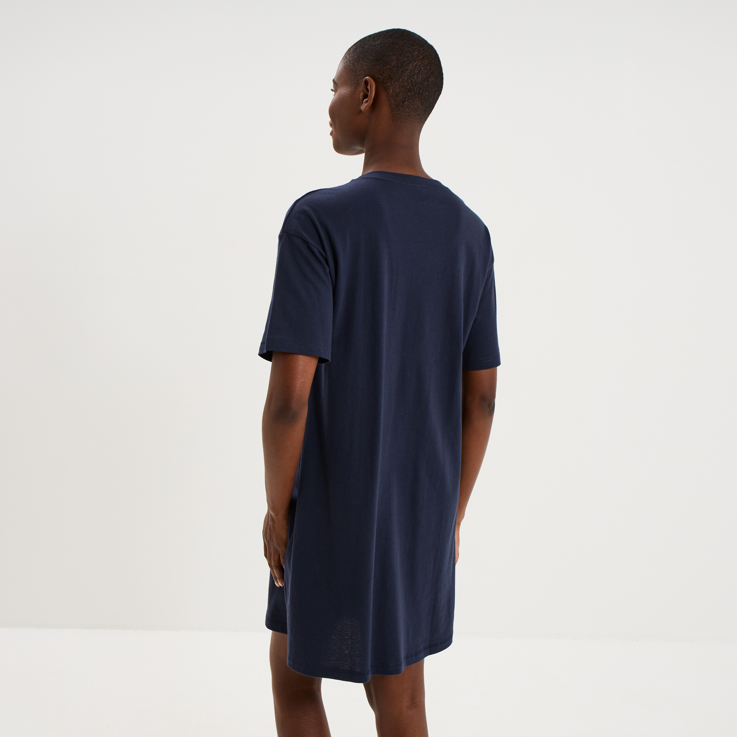 Chemise de nuit courte col rond coton bleu marine femme