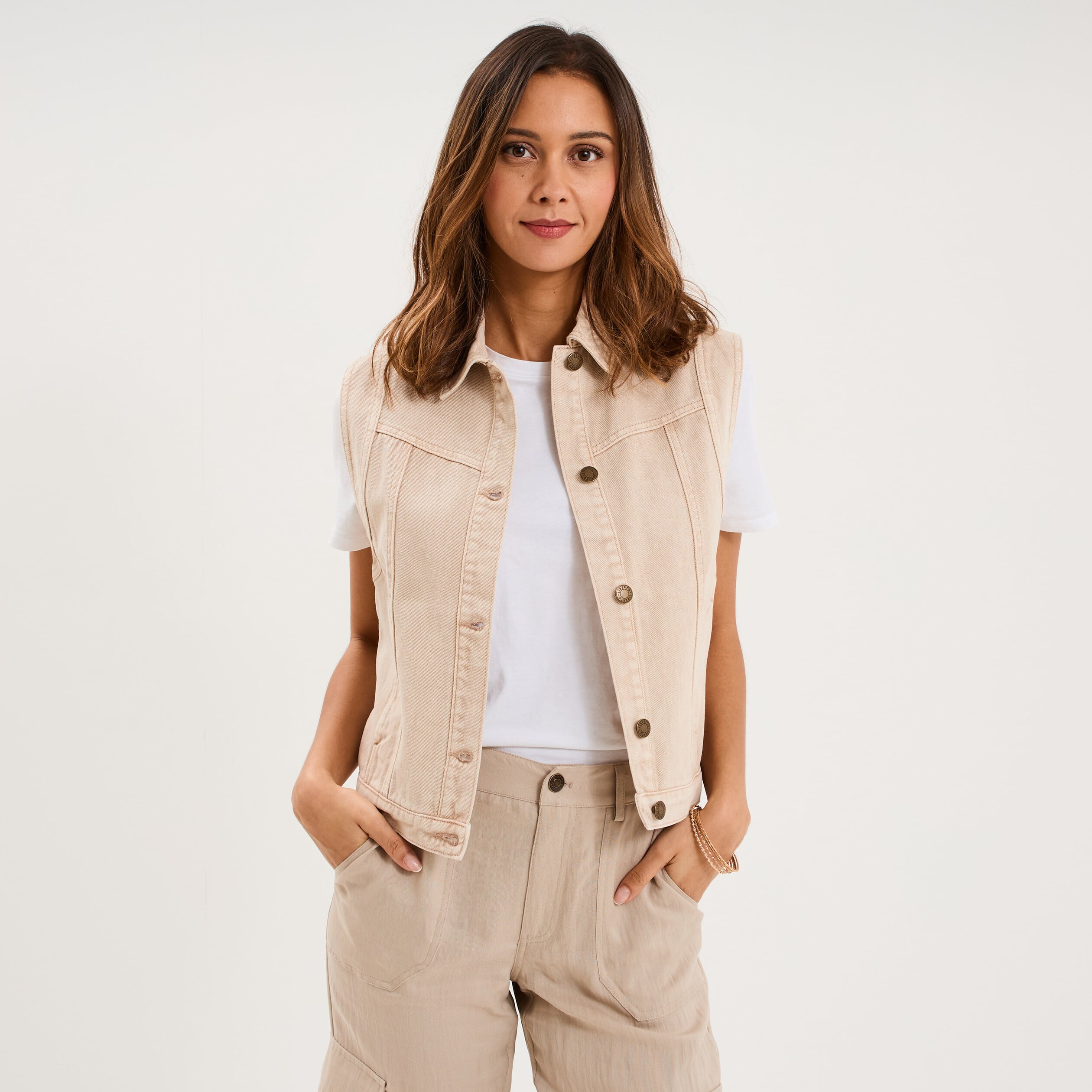 Veste en jean sans manches coton sable femme