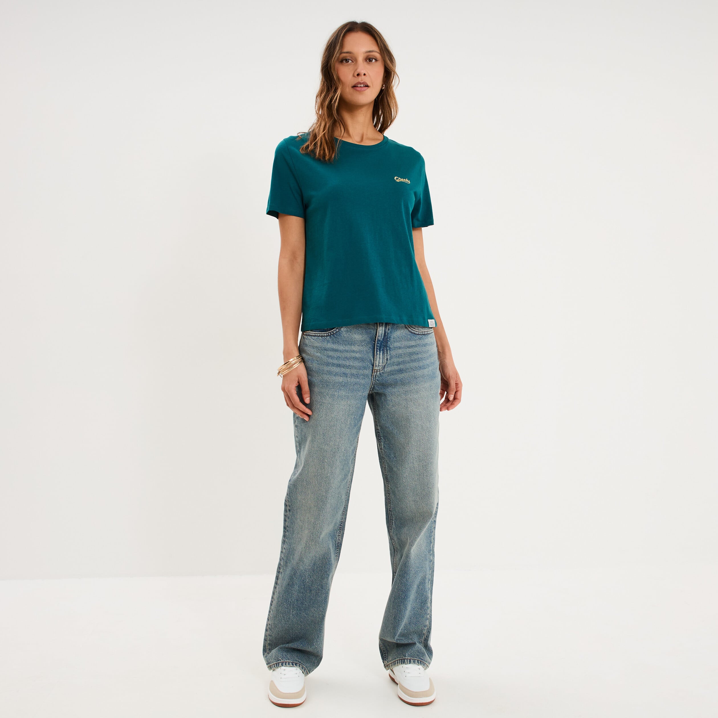 T-shirt col rond manches courtes vert fonc&eacute; femme