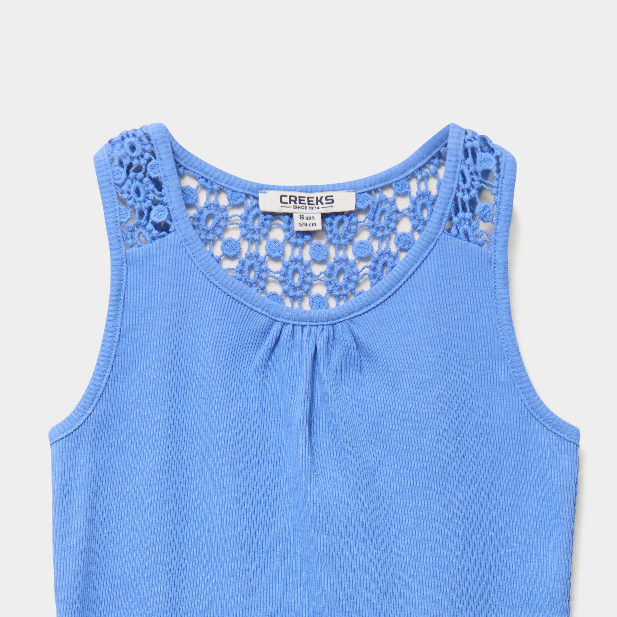 D&eacute;bardeur c&ocirc;tel&eacute; dos macram&eacute; bleu electrique fille