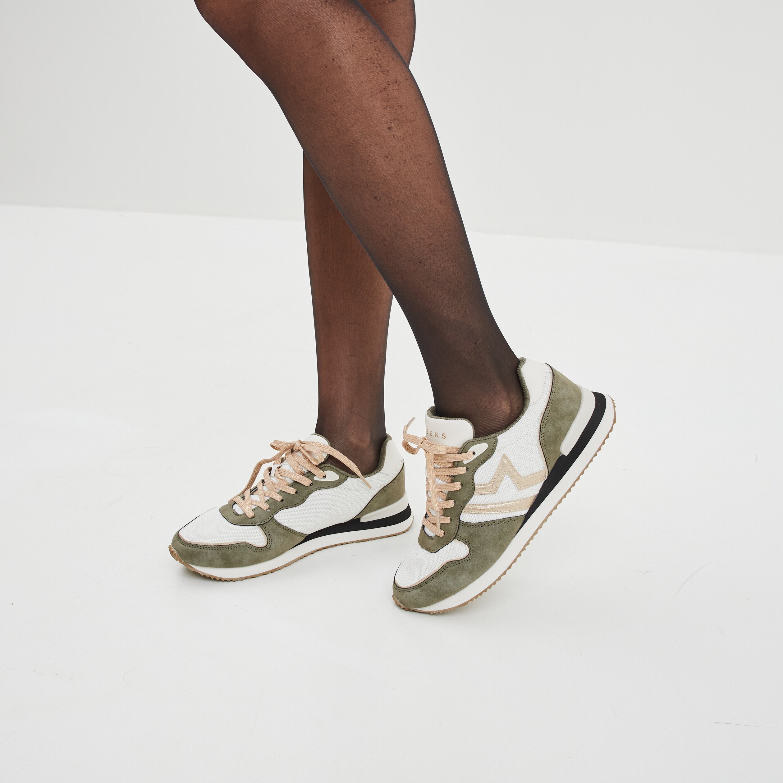 Baskets bi-matière à lacets Creeks vert kaki femme La Halle