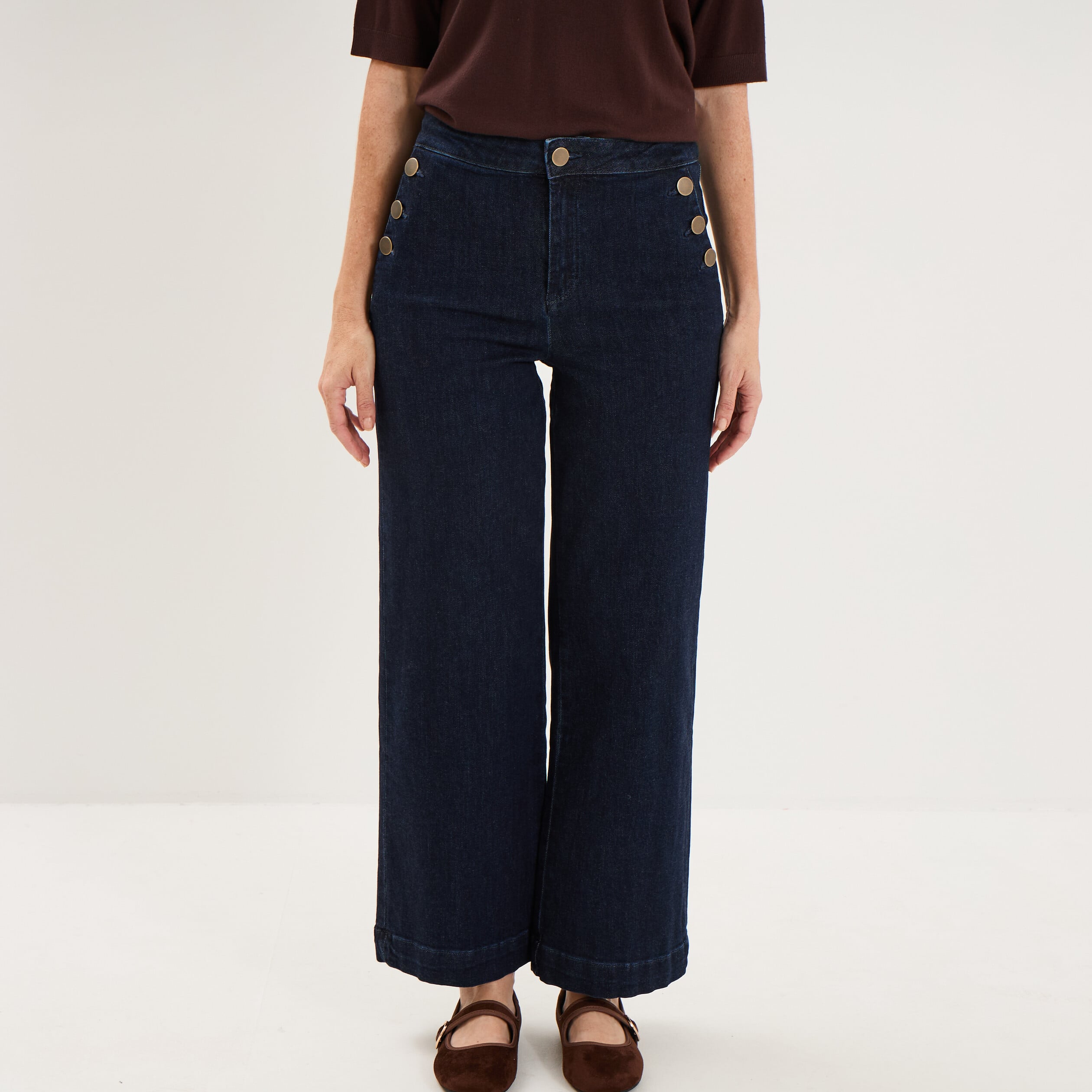 Jean large cropped &agrave; pont taille haute denim brut femme