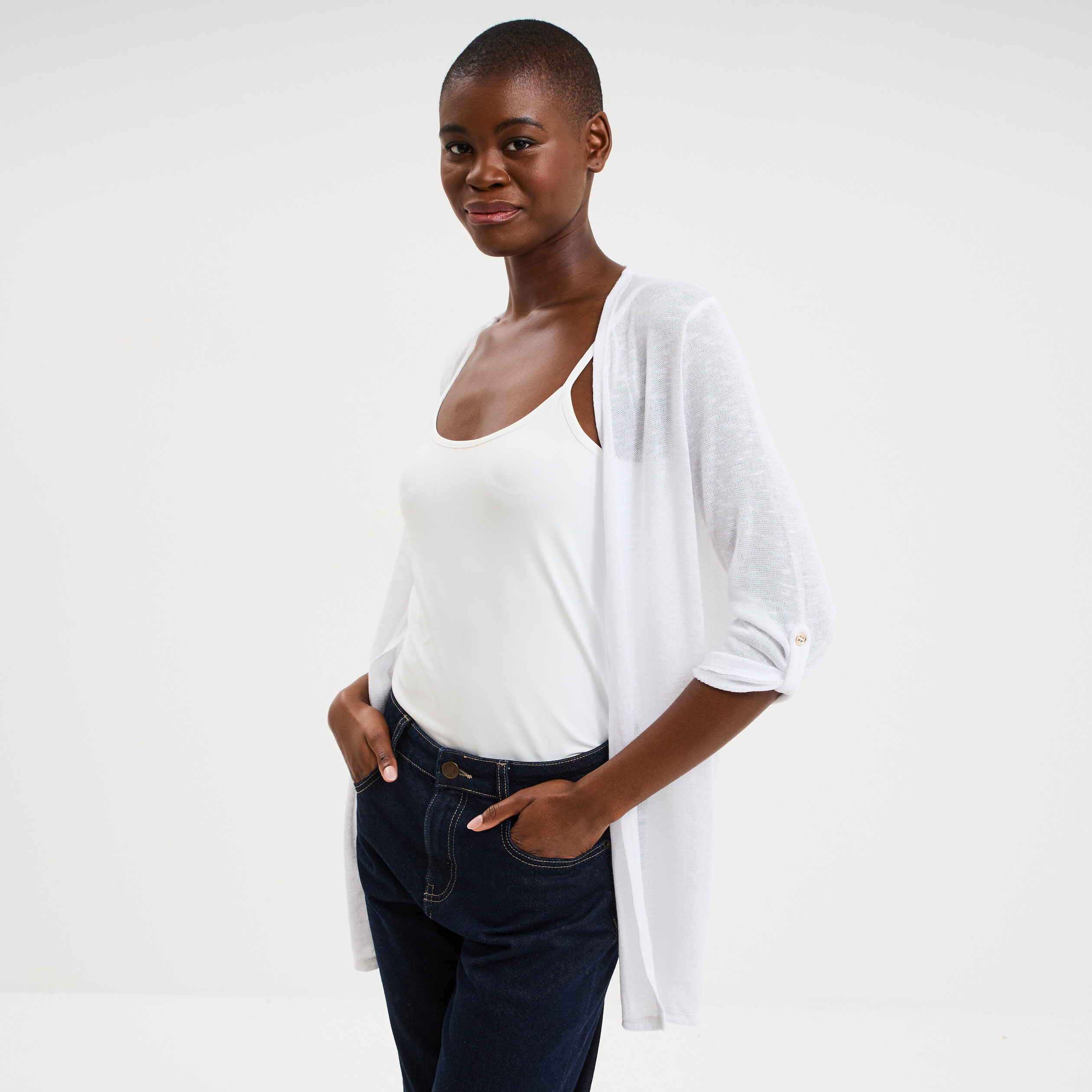 Gilet fin mi long manches 3/4 blanc femme