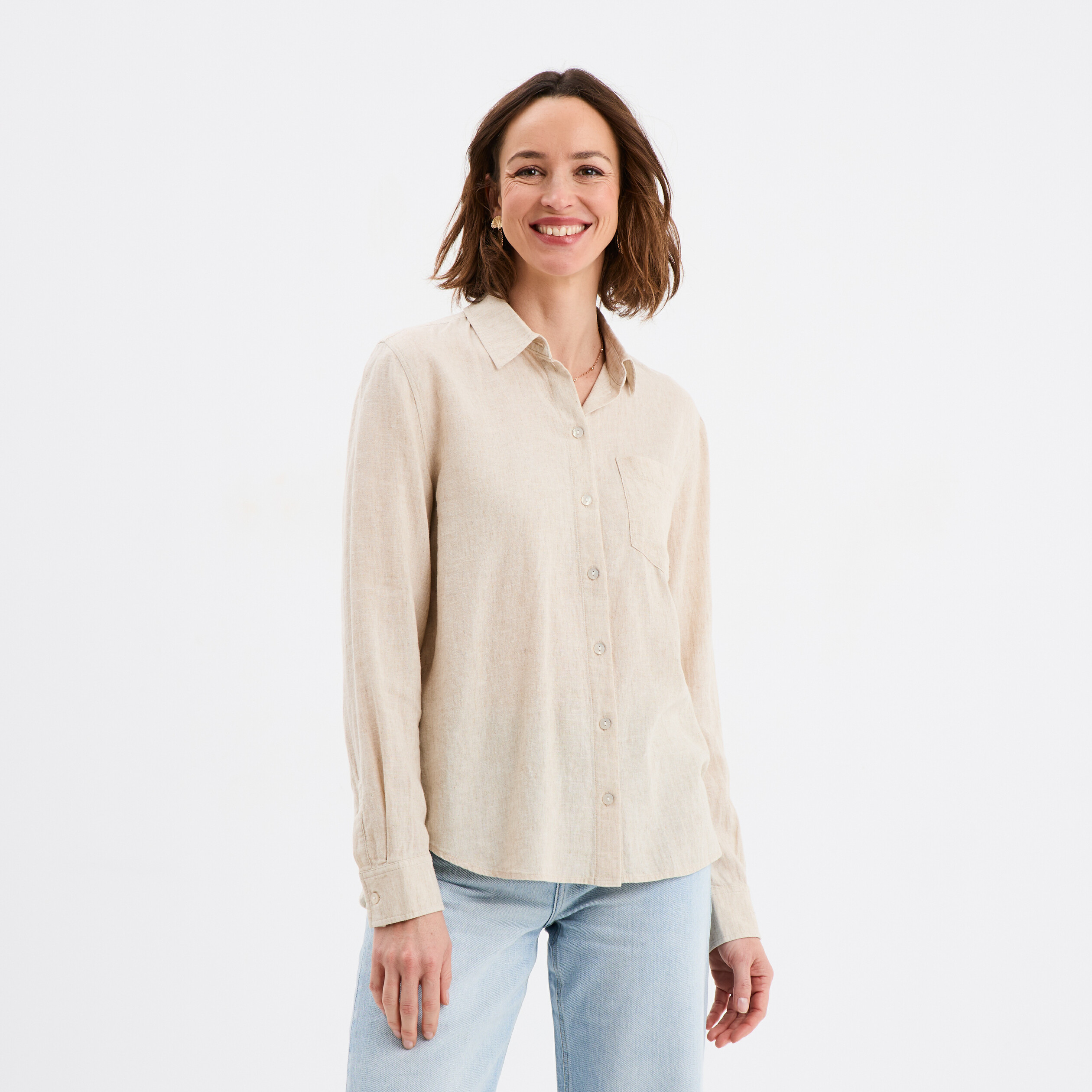 Chemise lin m&eacute;lang&eacute; manches longues beige femme