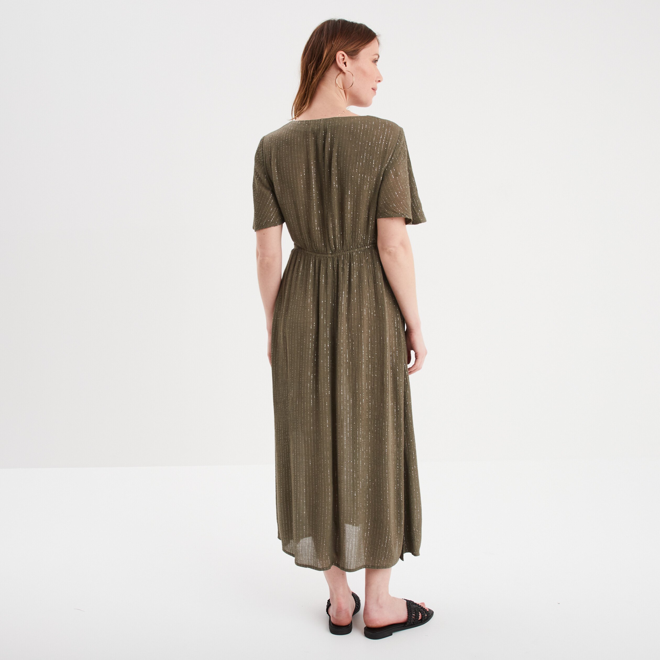 robe longue empire fils metallises vert kaki femme Robe longue empire fils métallisés vert kaki femme