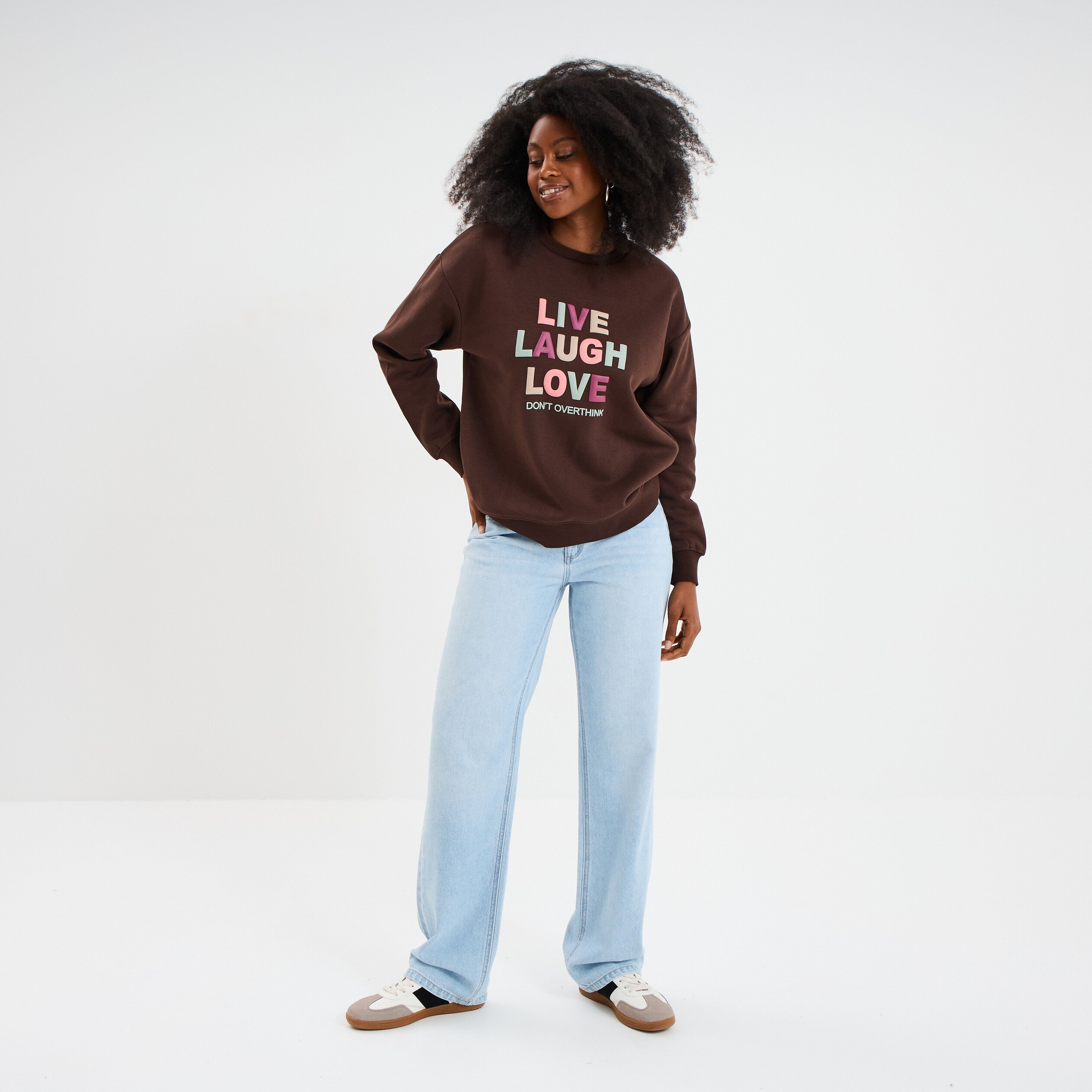 Sweat col rond manches longues marron foncé femme