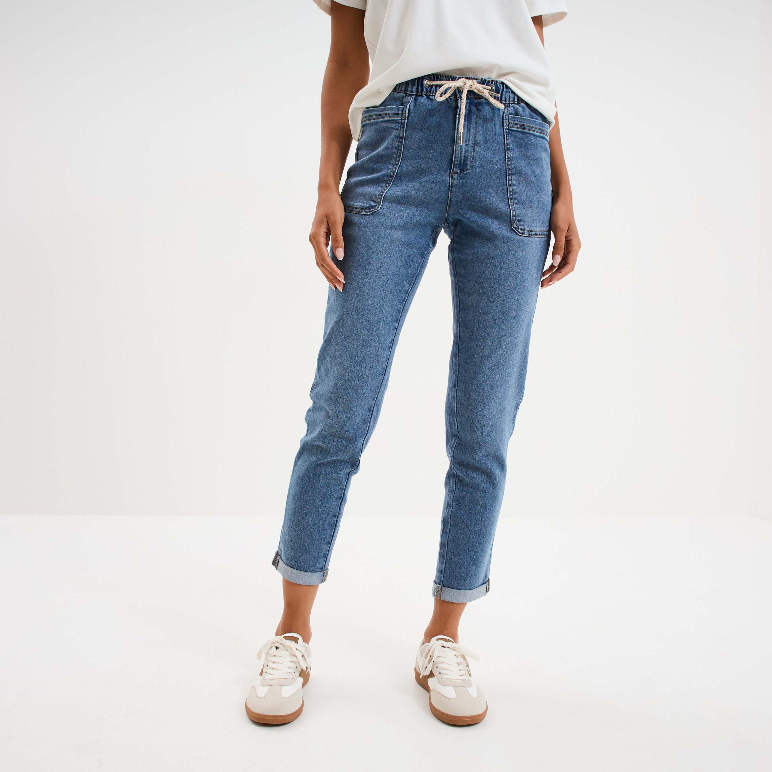jeans droit taille elastiquee denim stone femme Jeans droit taille élastiquée denim stone femme