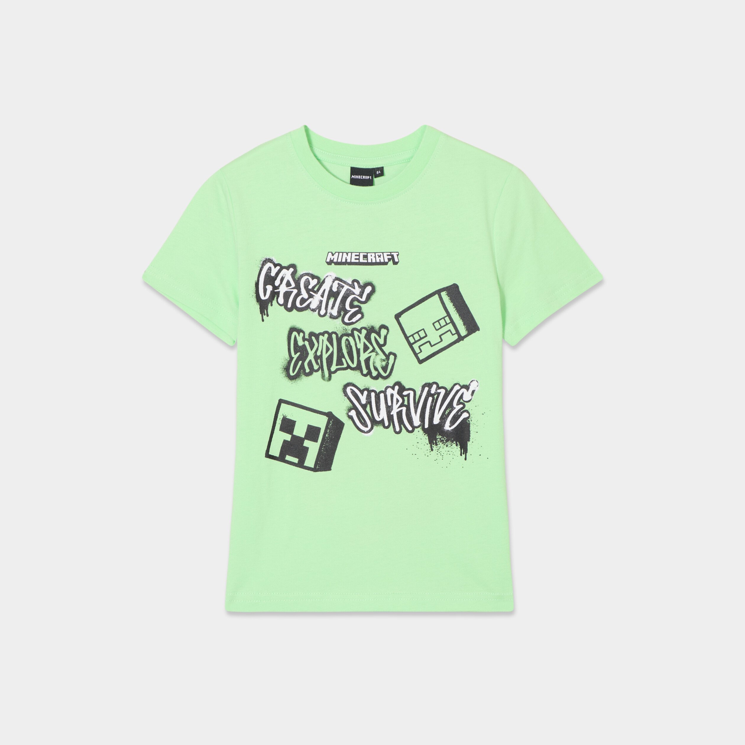 t shirt manches courtes coton minecraft vert fluo garcon T-shirt manches courtes coton Minecraft vert fluo garçon