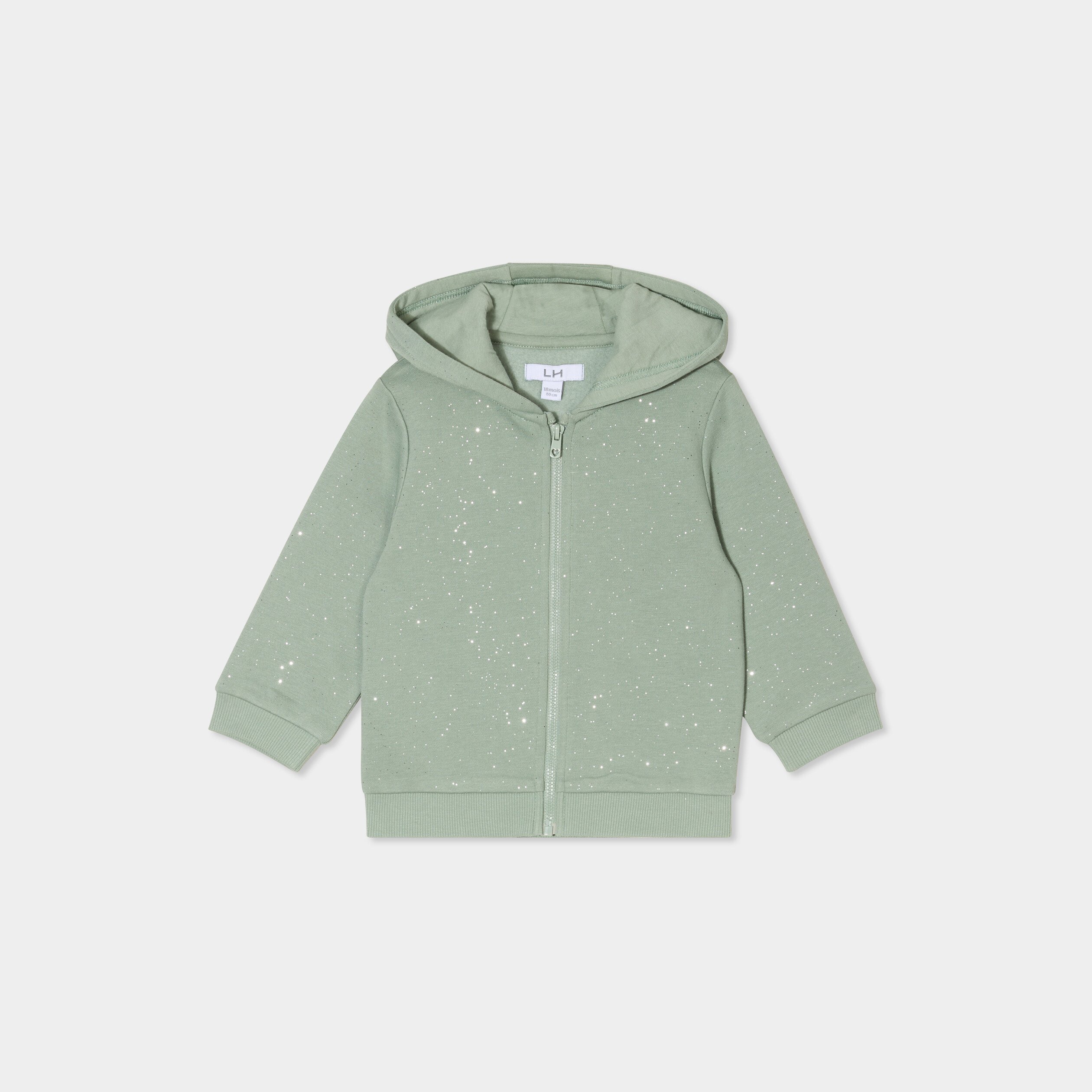 sweat zippe paillettes a capuche vert kaki bebef Sweat zippé paillettes à capuche vert kaki bébé fille