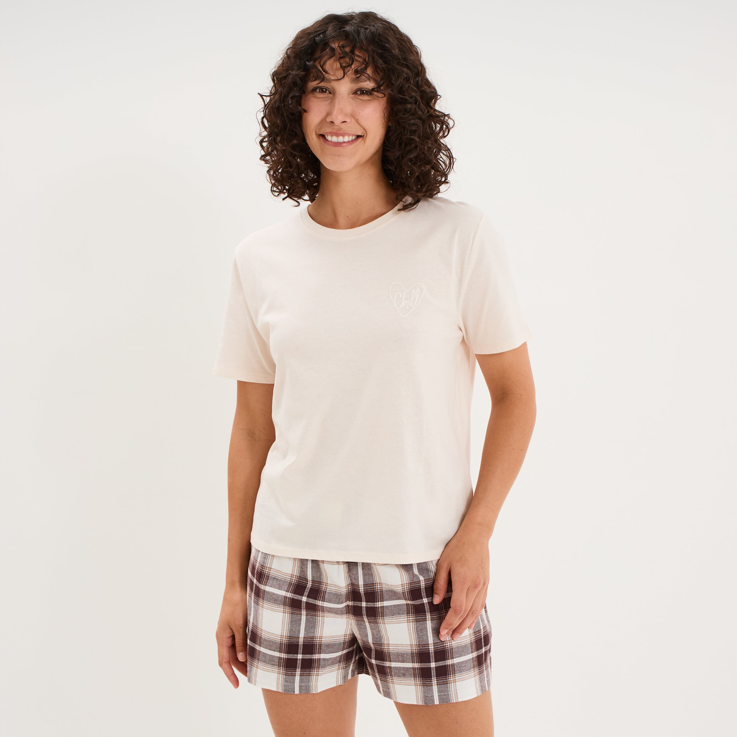 Ensemble pyjama short et t-shirt coton marron femme