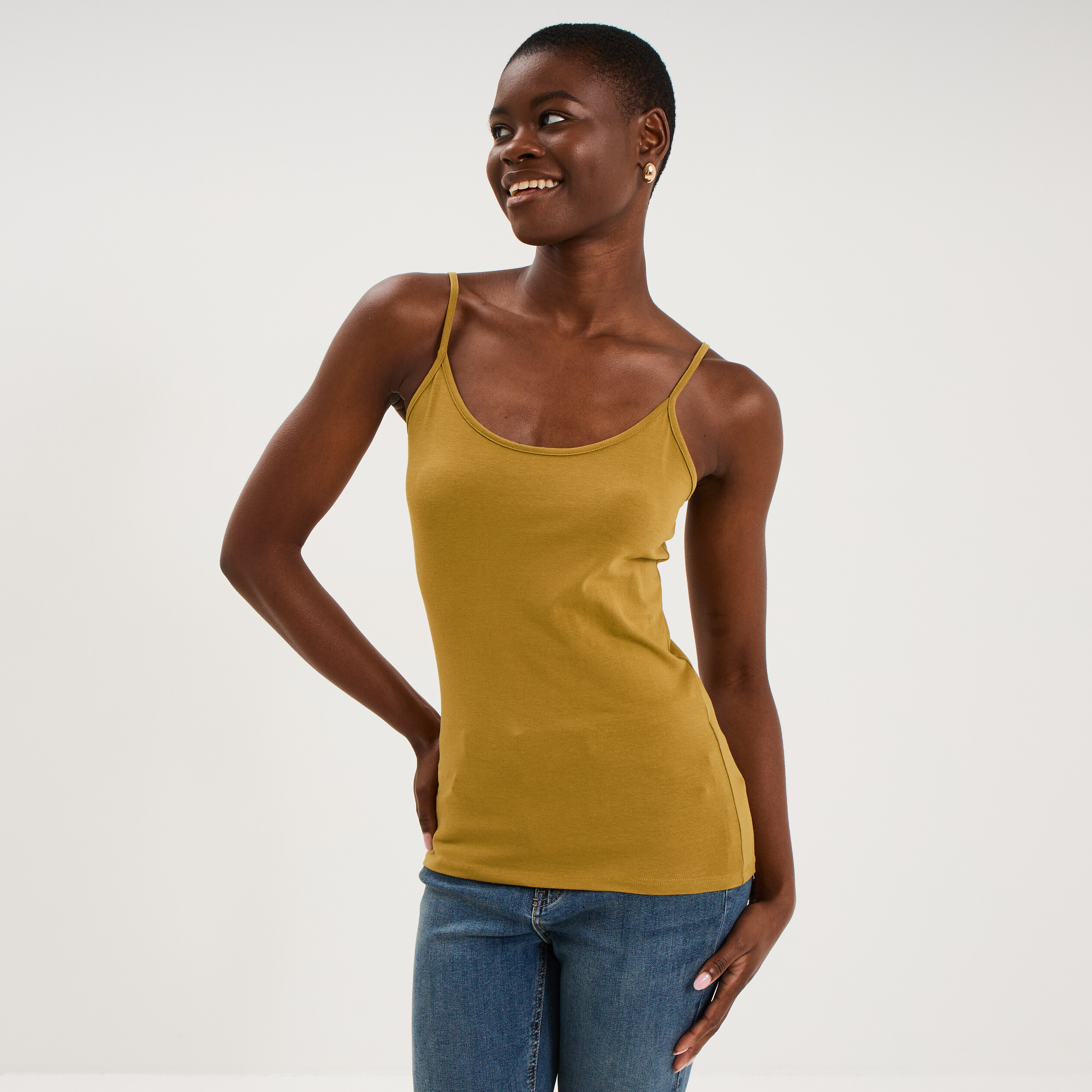 D&eacute;bardeur coton bretelles r&eacute;glables vert olive femme