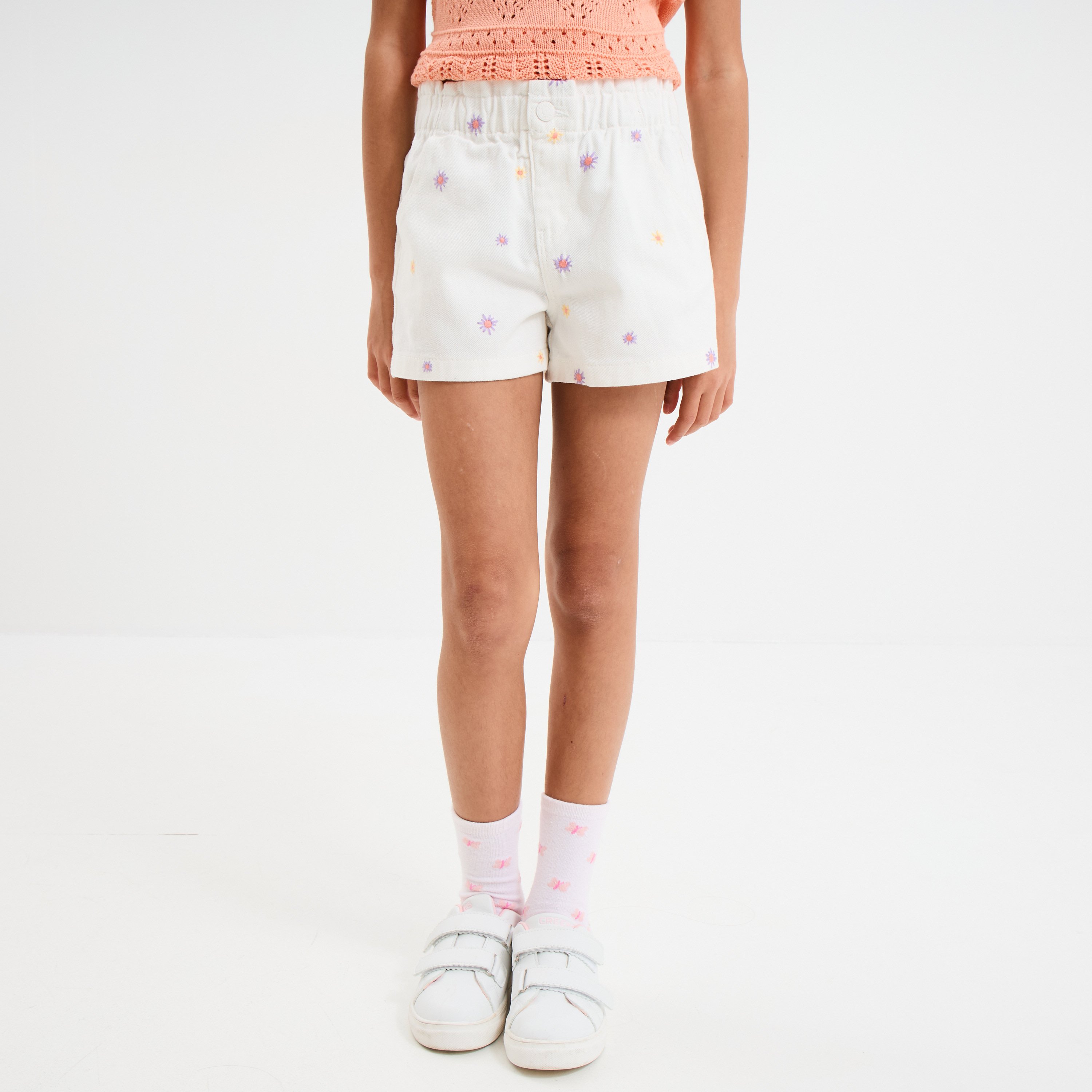 short brode taille elastiquee coton ecru fille Short brodé taille élastiquée coton ecru fille