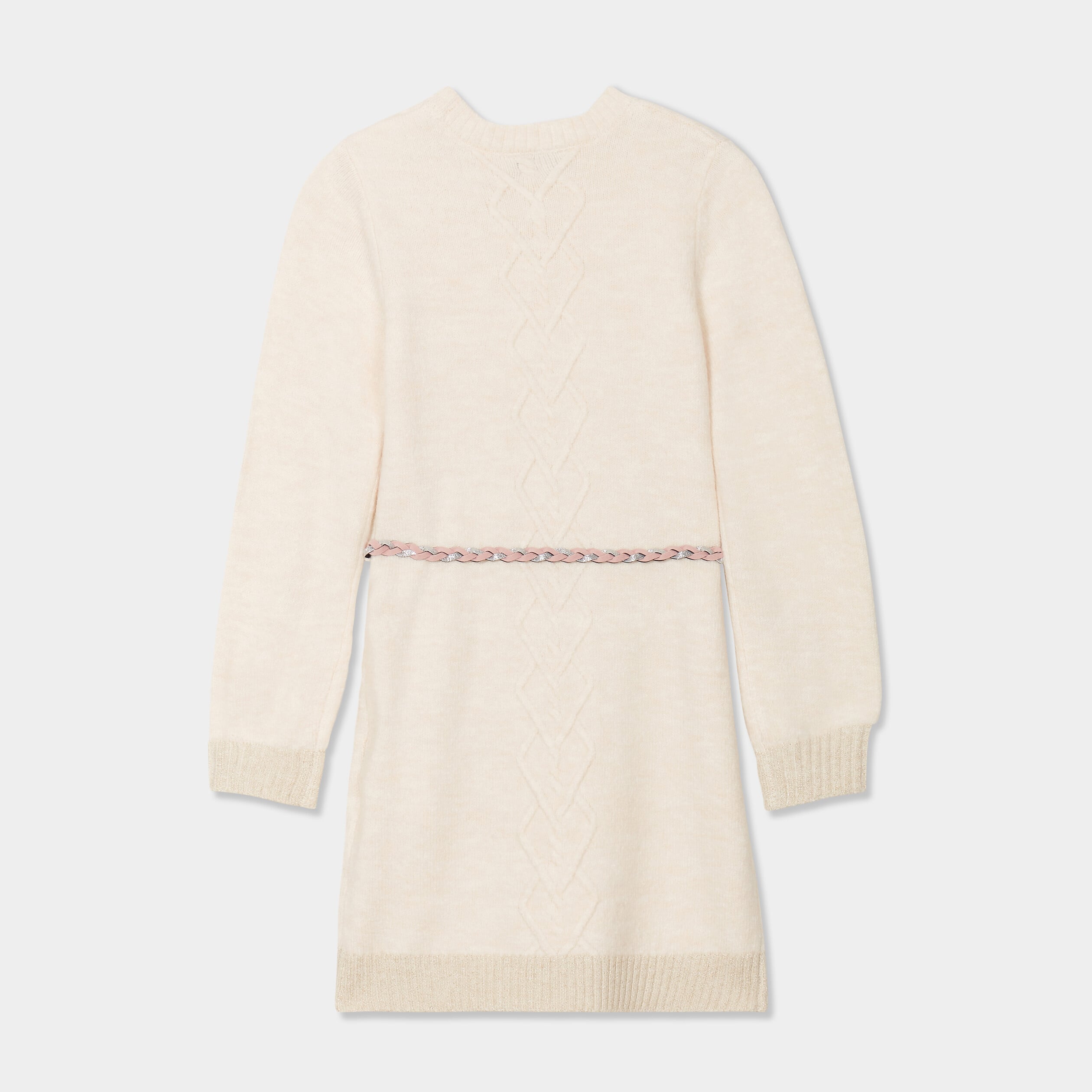 Robe pull courte avec ceinture tress&eacute;e ivoire fille