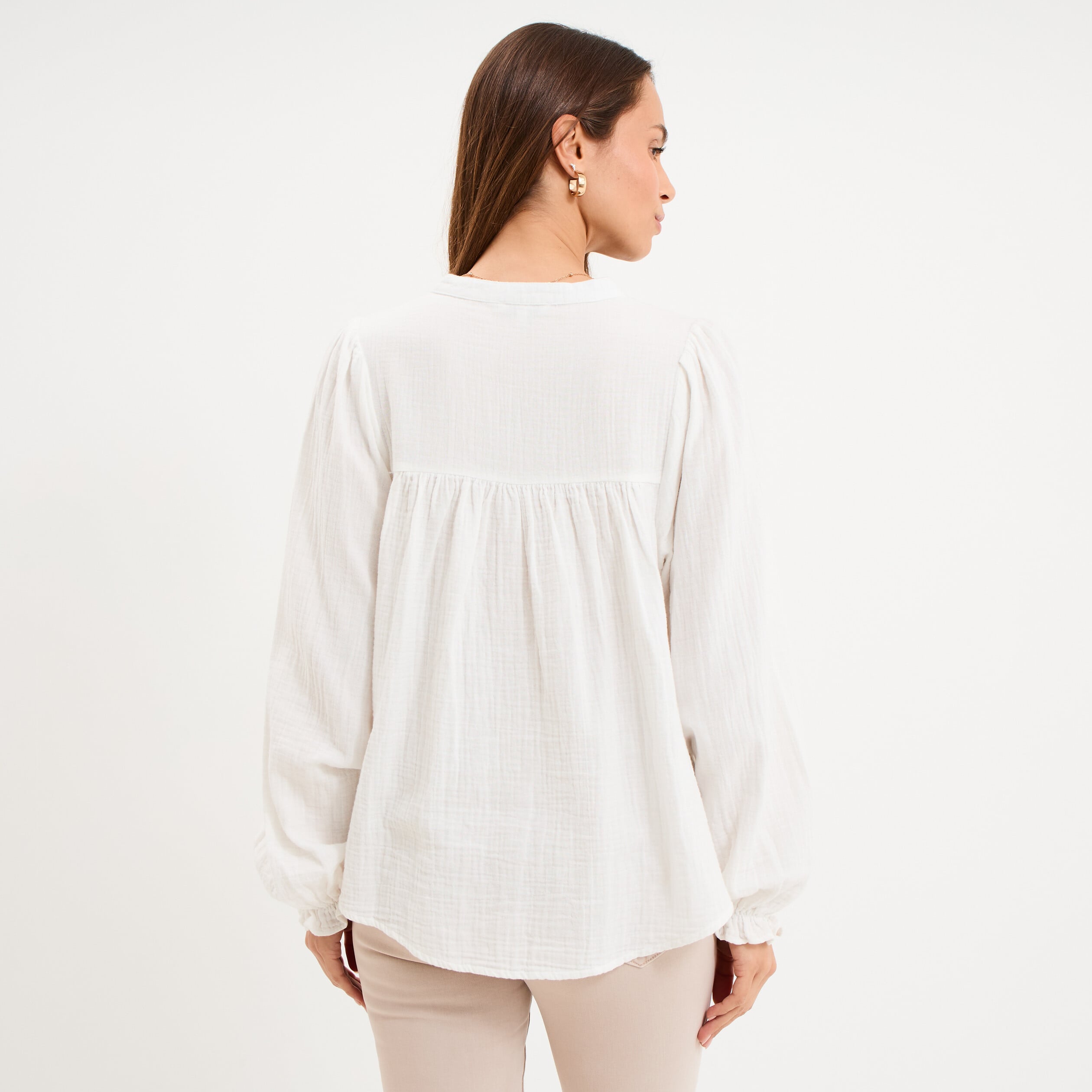Blouse brod&eacute;e col tunisien coton blanc femme