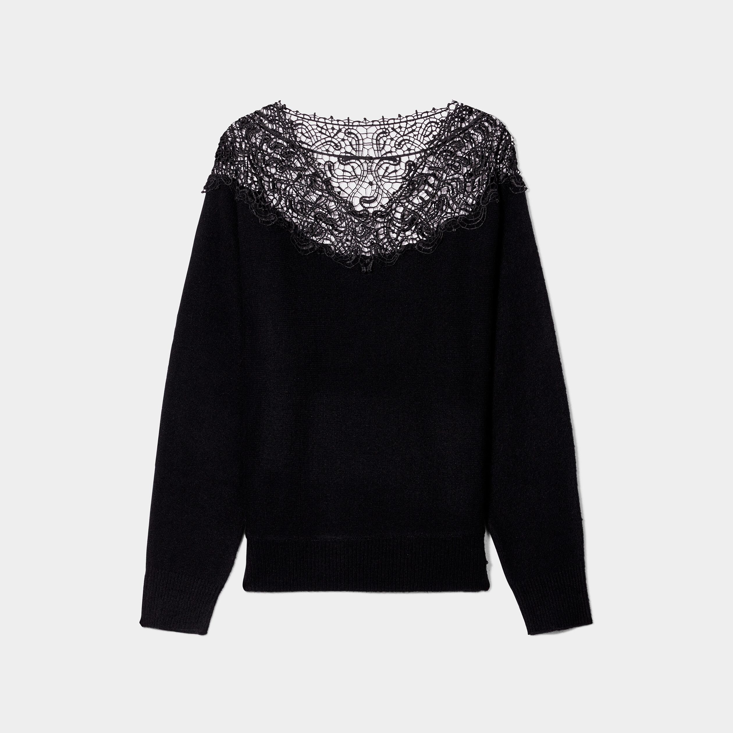 Pull manches chauve-souris col dentelle noir femme