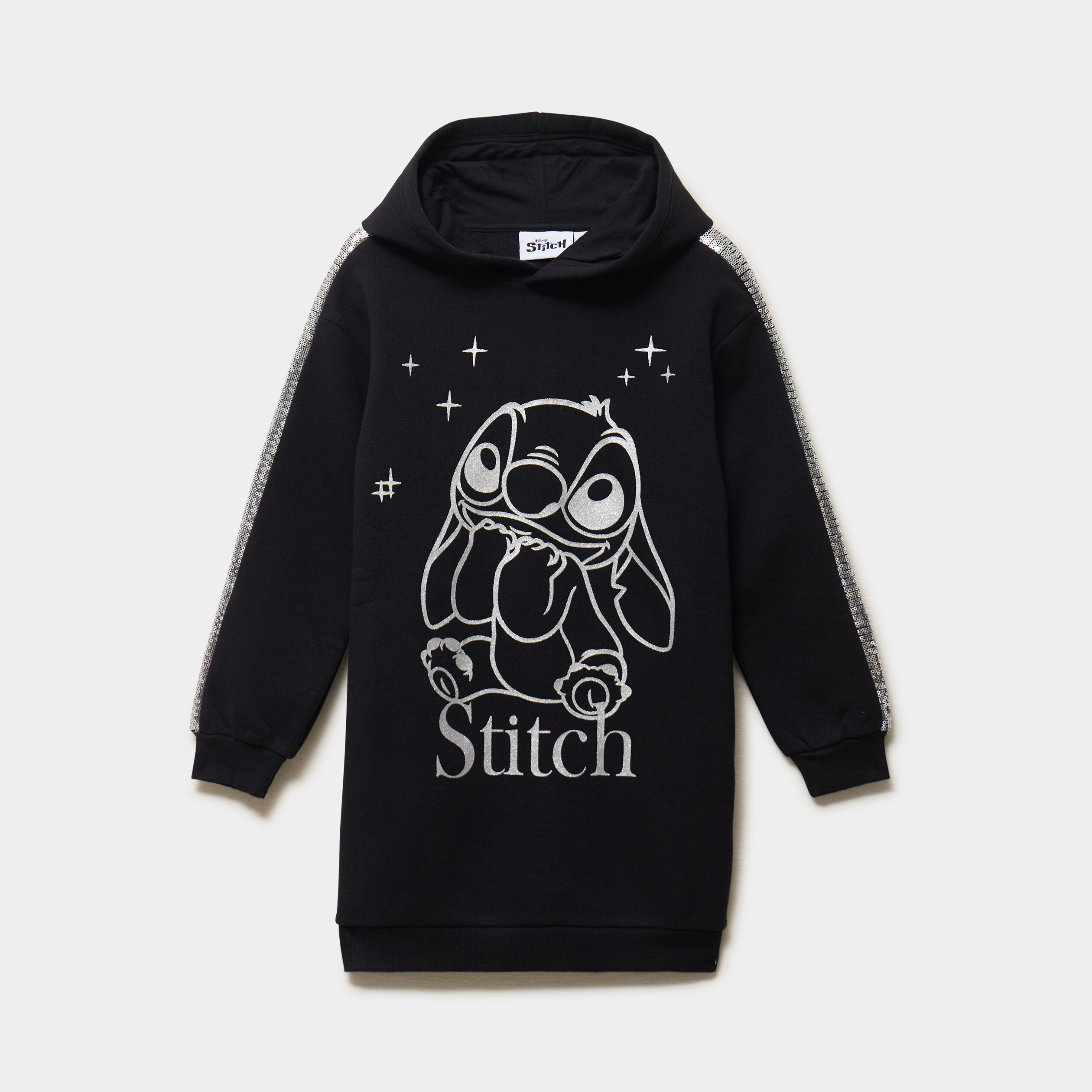 Robe sweat relax capuche sequins Stitch noir fille