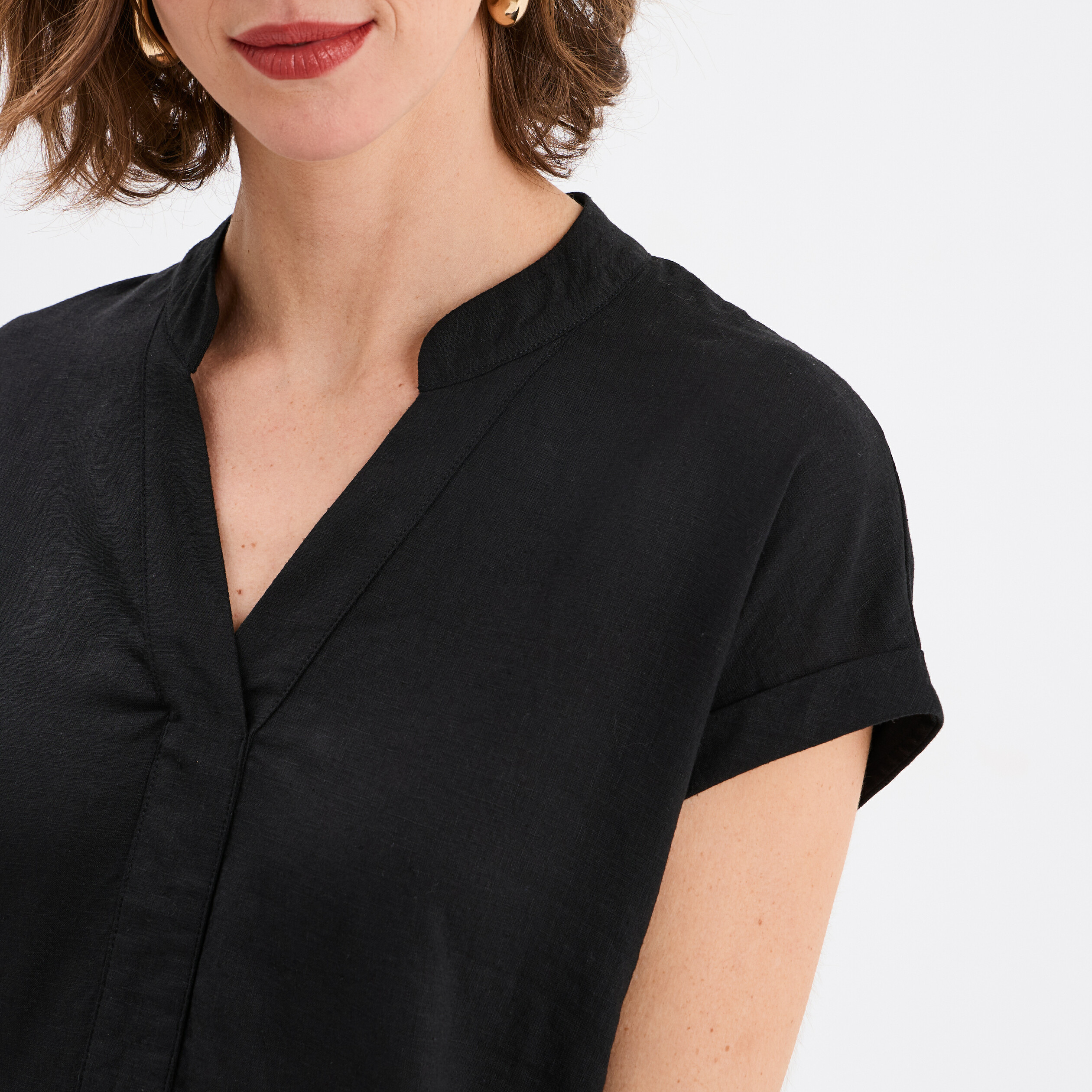 robe manches courtes lin melange noir femme Robe manches courtes lin mélangé noir femme