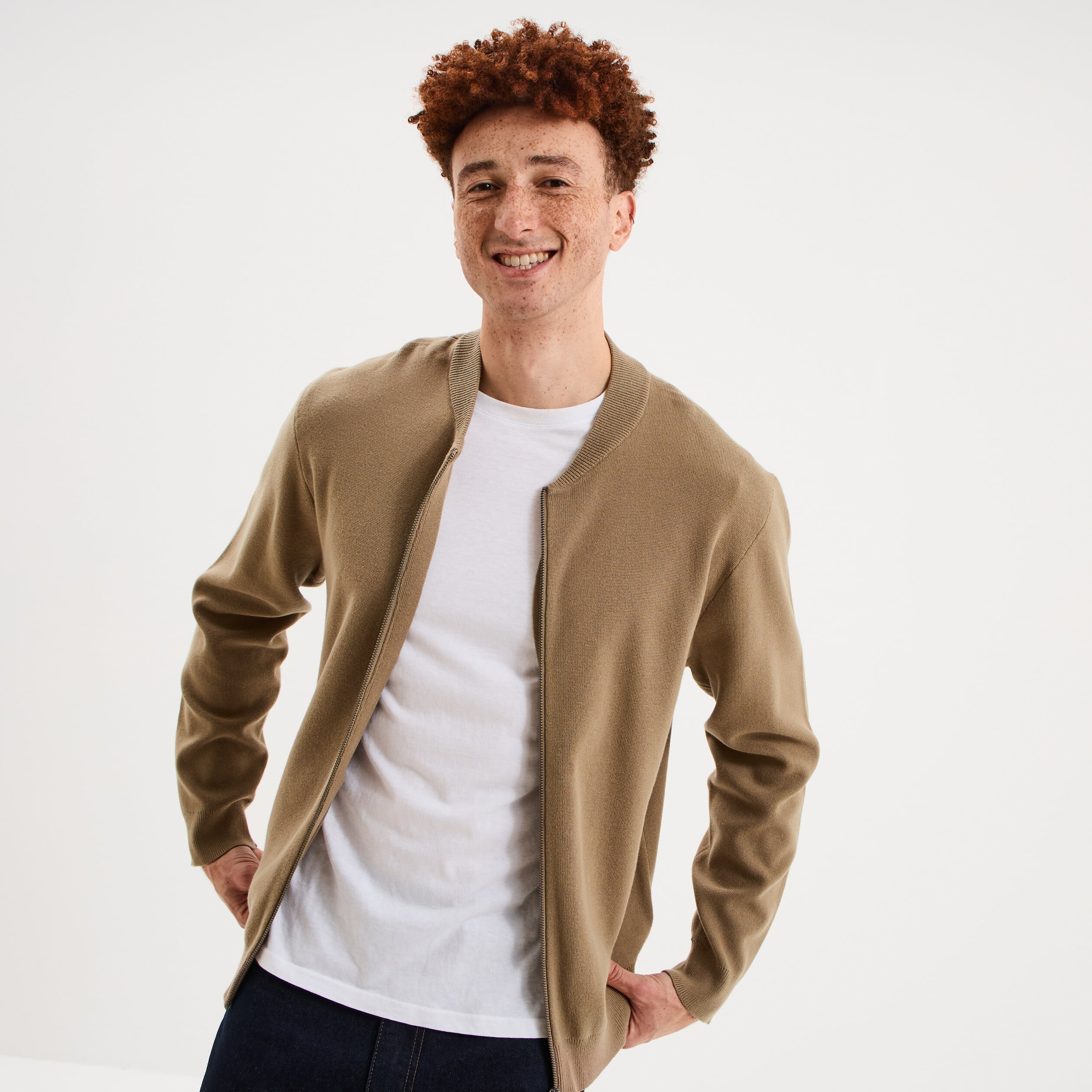 Gilet zipp&eacute; col teddy taupe homme