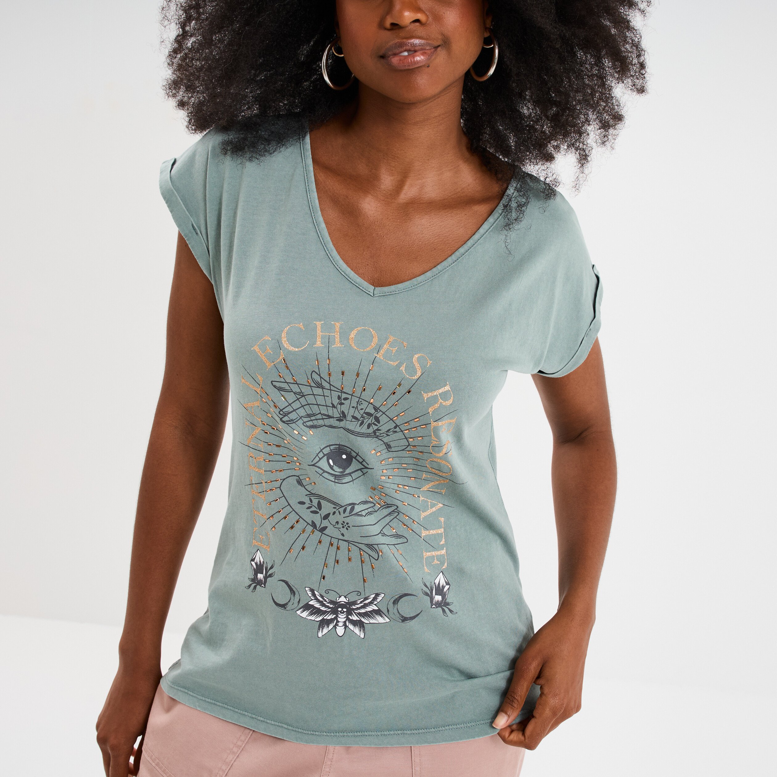 t shirt coton col en v manches courtes bleu canard femme T-shirt coton col en V manches courtes bleu canard femme