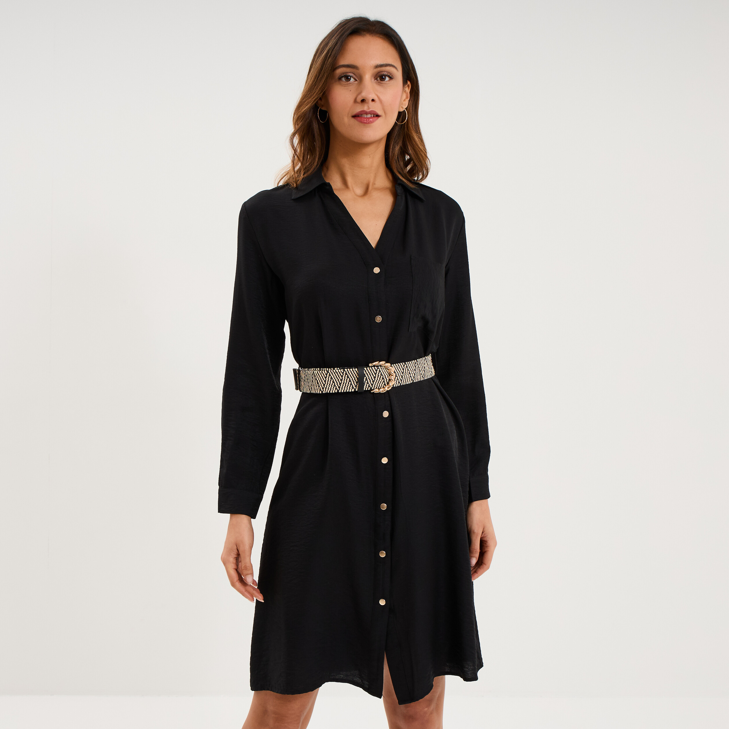 Robe chemise avec ceinture tress&eacute;e noir femme
