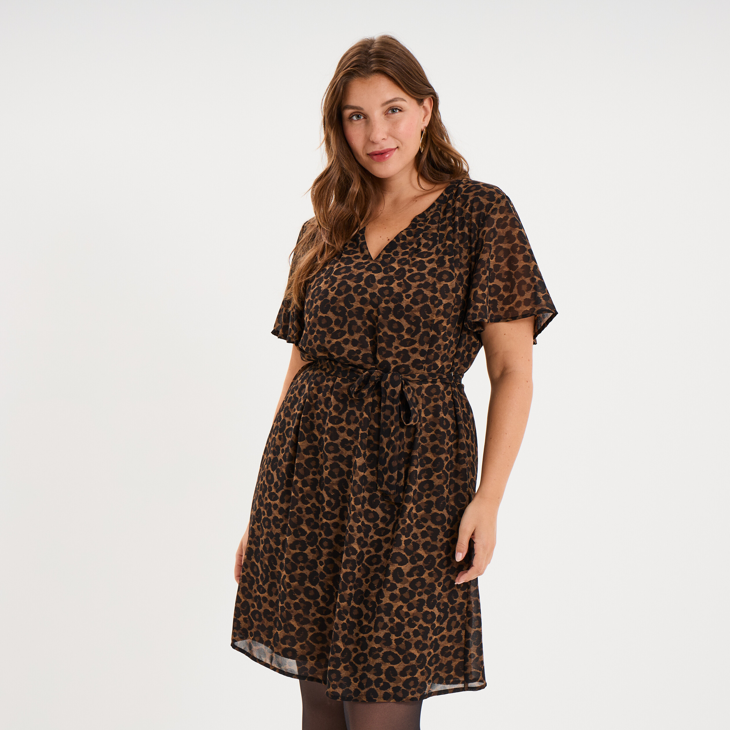 Robe courte col tunisien manches courtes vert kaki femme grande taille