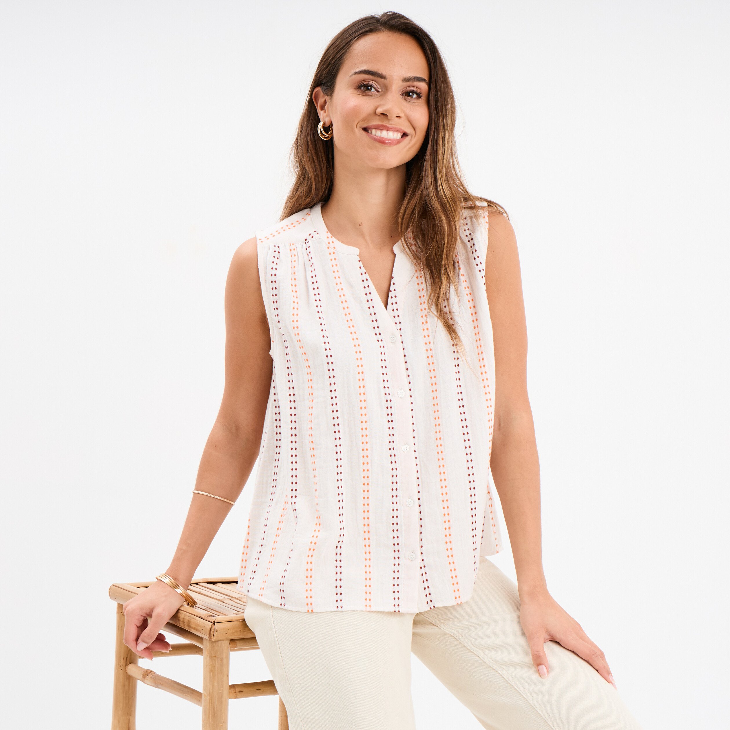 blouse col tunisien gaze de coton ecru femme Blouse col tunisien gaze de coton ecru femme