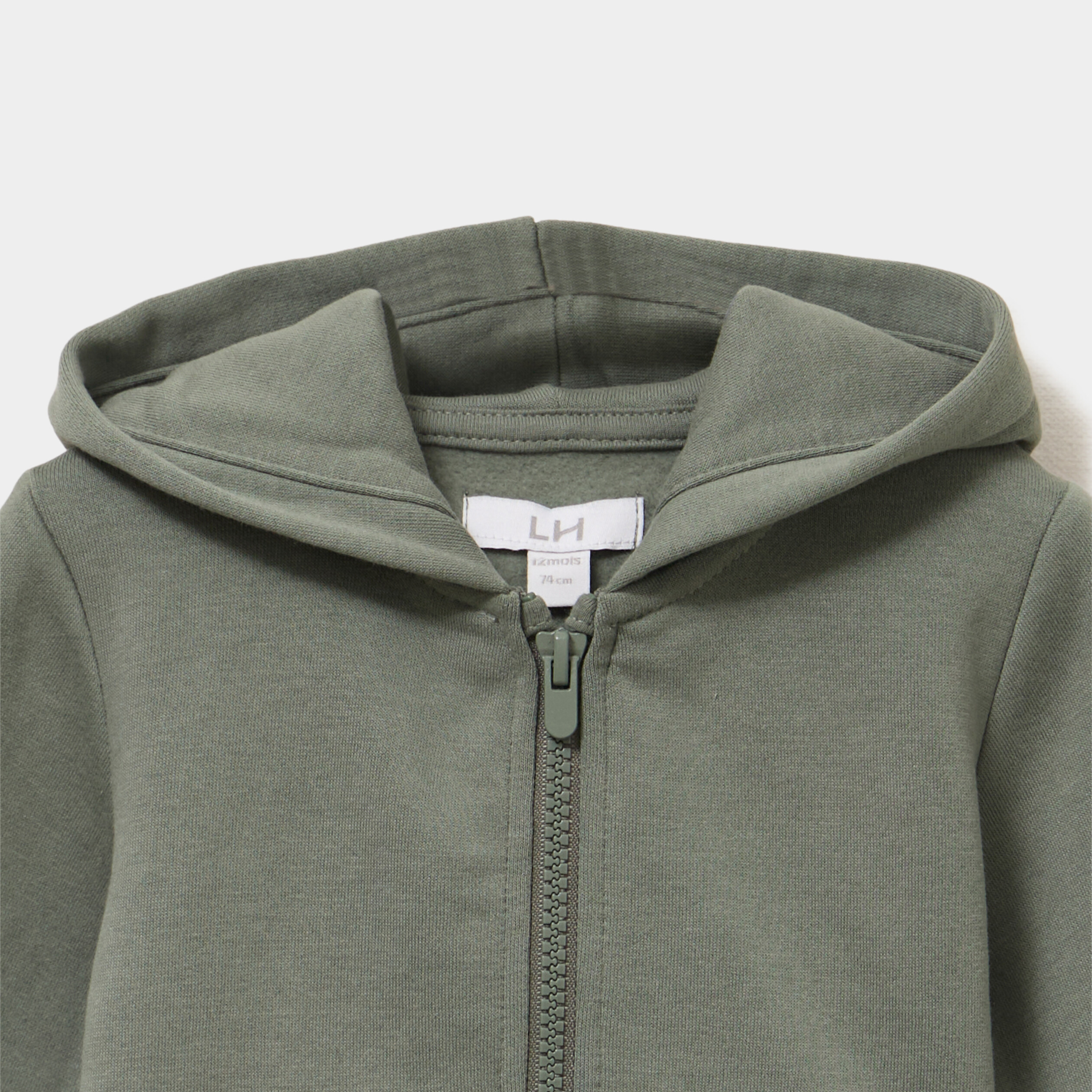 Sweat zipp&eacute; molletonn&eacute; &agrave; capuche vert kaki b&eacute;b&eacute; gar&ccedil;on
