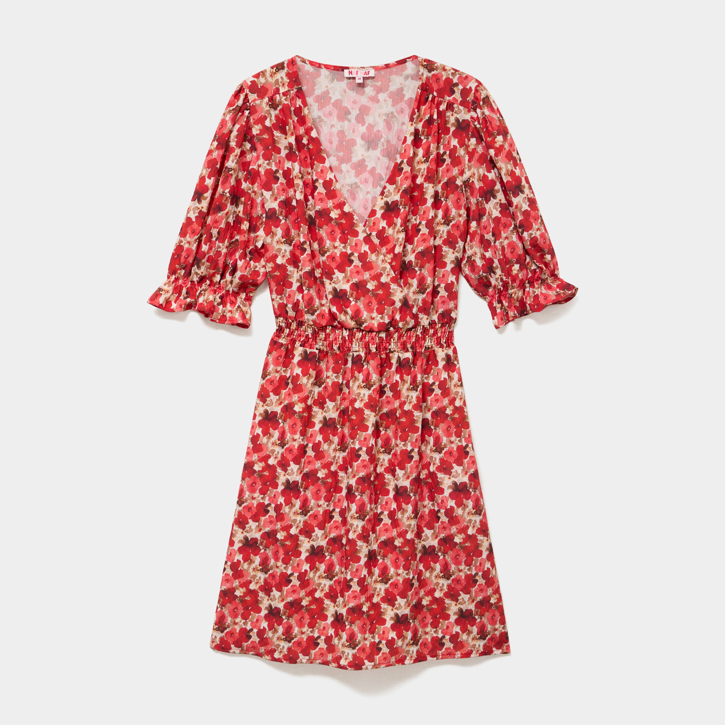 Robe smock&eacute;e manches ballon col V rouge coquelicot femme