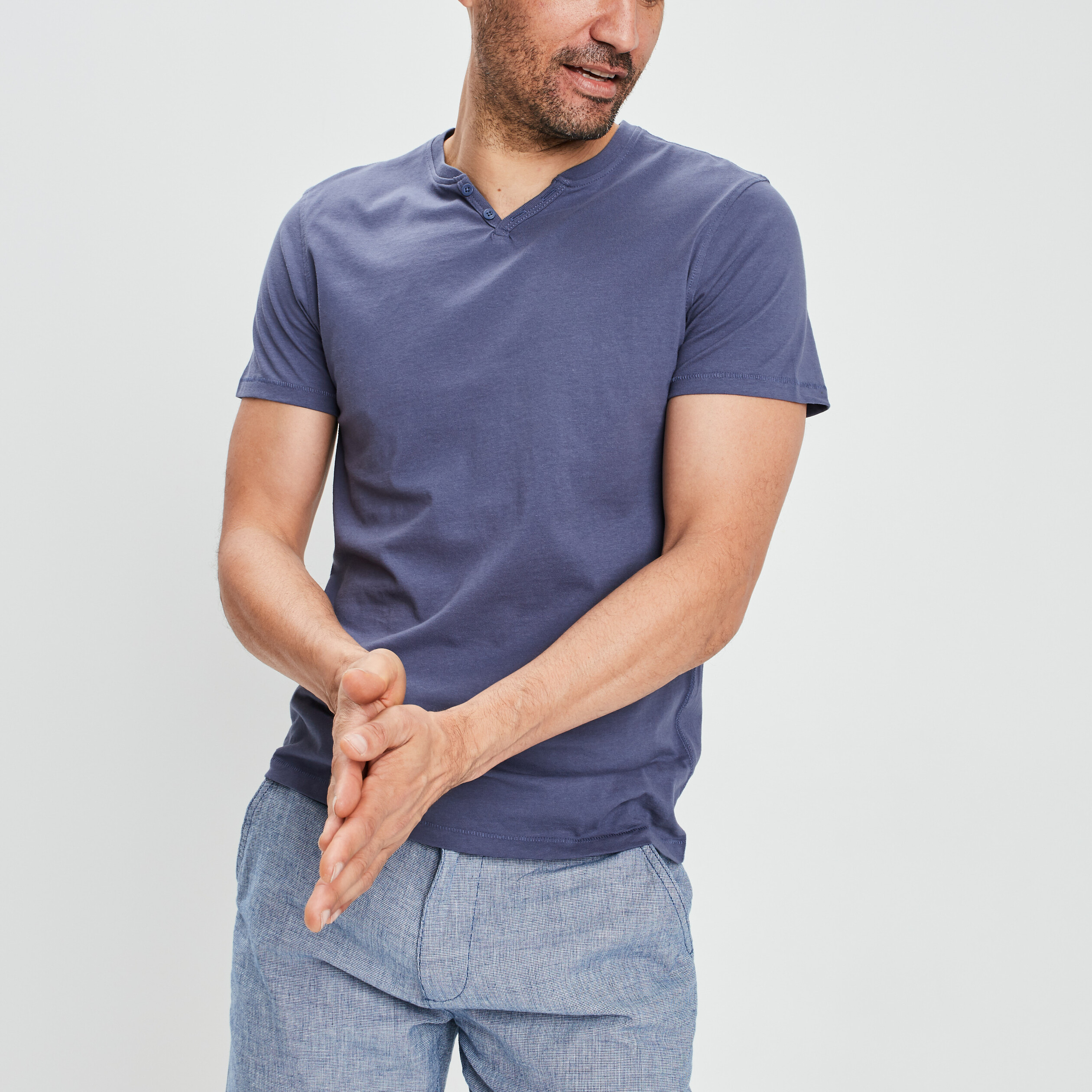 t shirt manches courtes col tunisien bleu homme T-shirt manches courtes col tunisien bleu homme