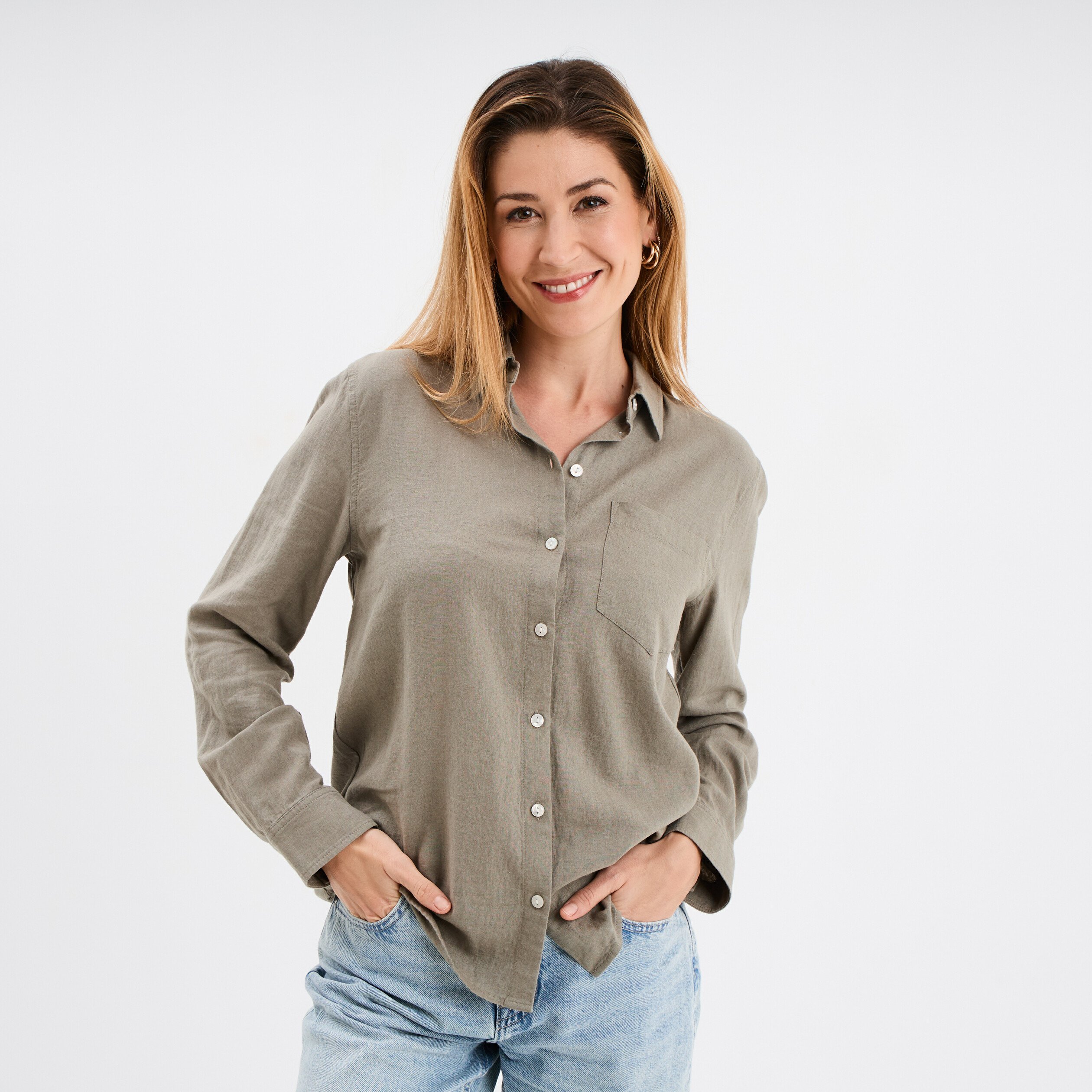 chemise lin melange manches longues vert kaki femme Chemise lin mélangé manches longues vert kaki femme