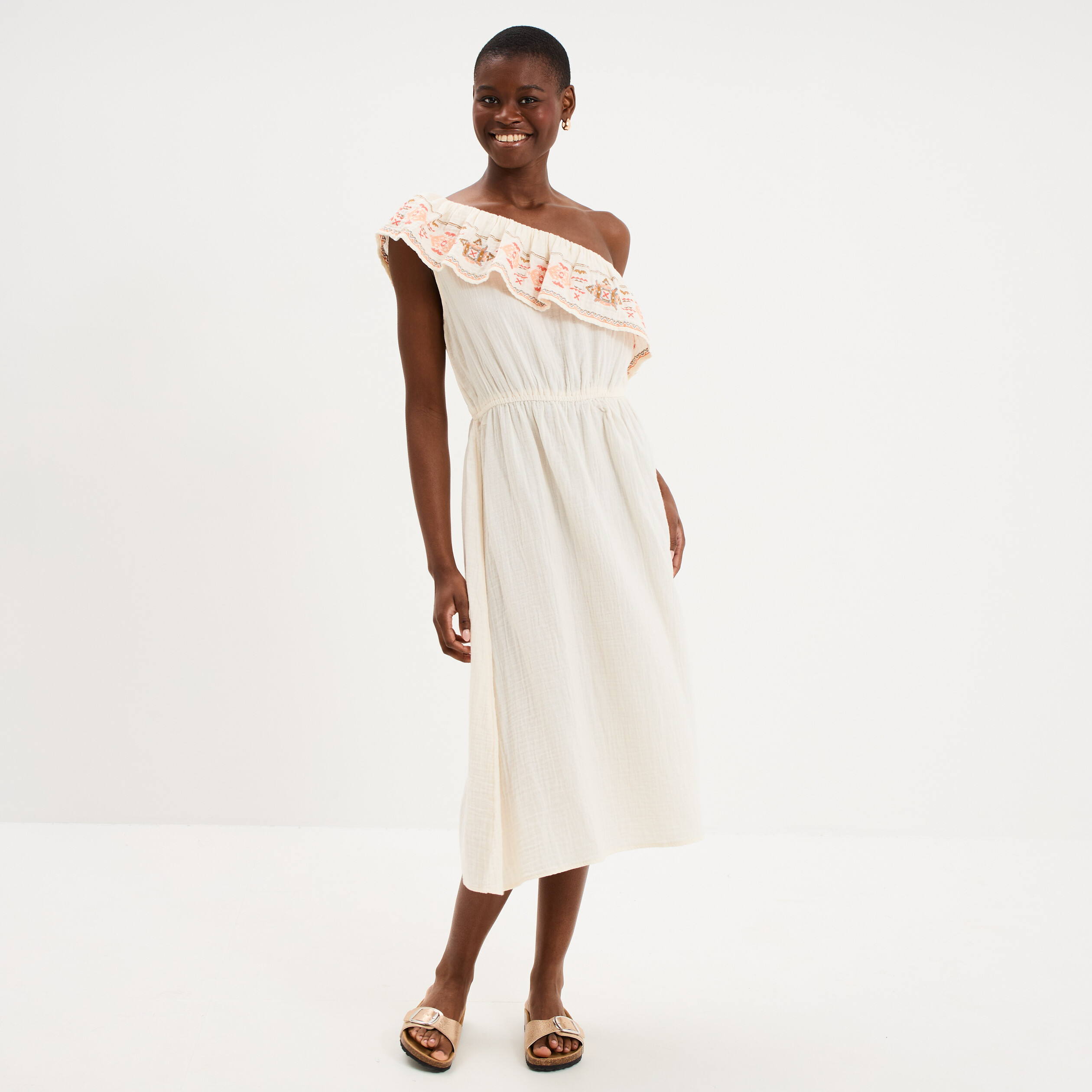 Robe asym&eacute;trique col brod&eacute; gaze de coton creme femme