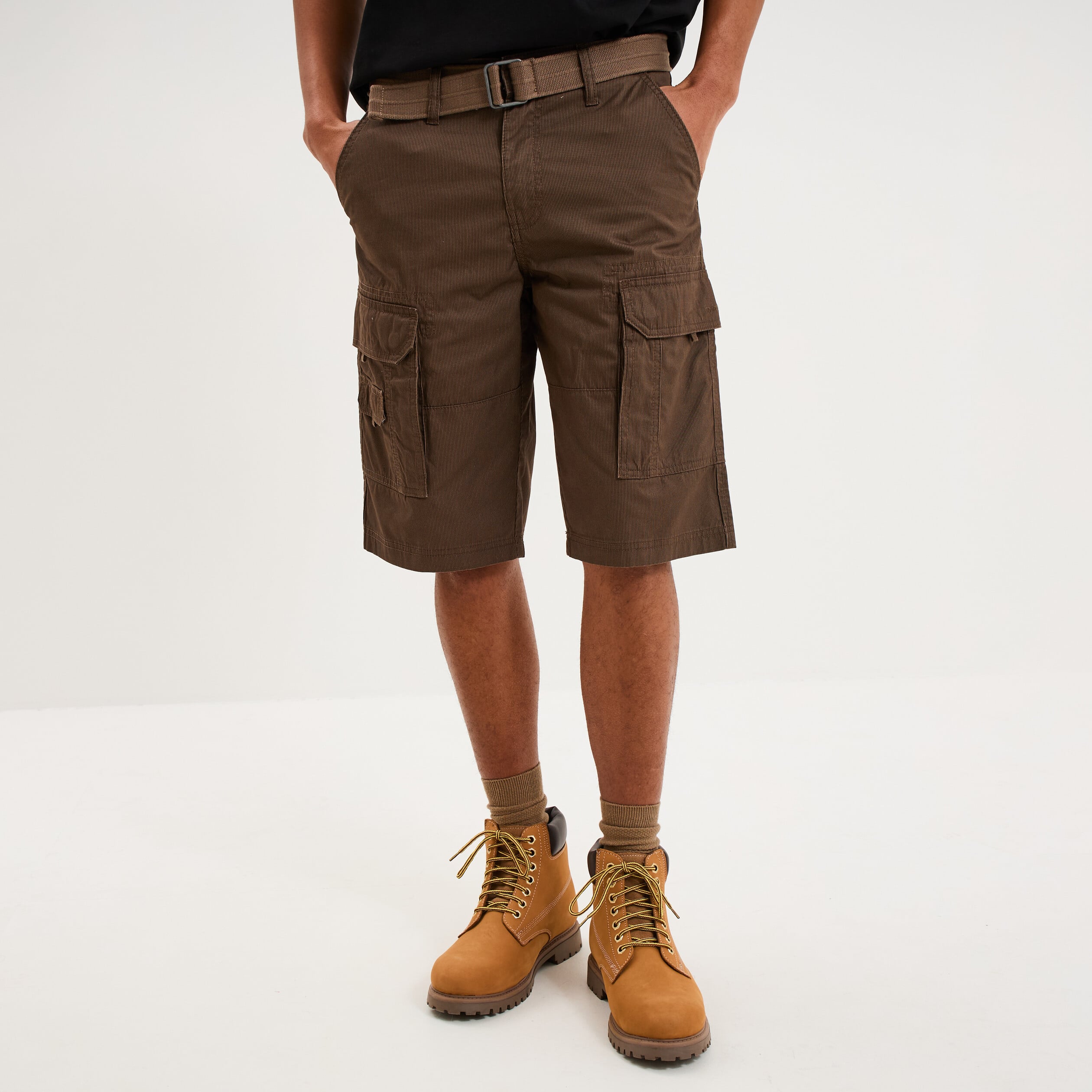 Bermuda cargo c&ocirc;tel&eacute; coton ceintur&eacute; marron fonc&eacute; homme