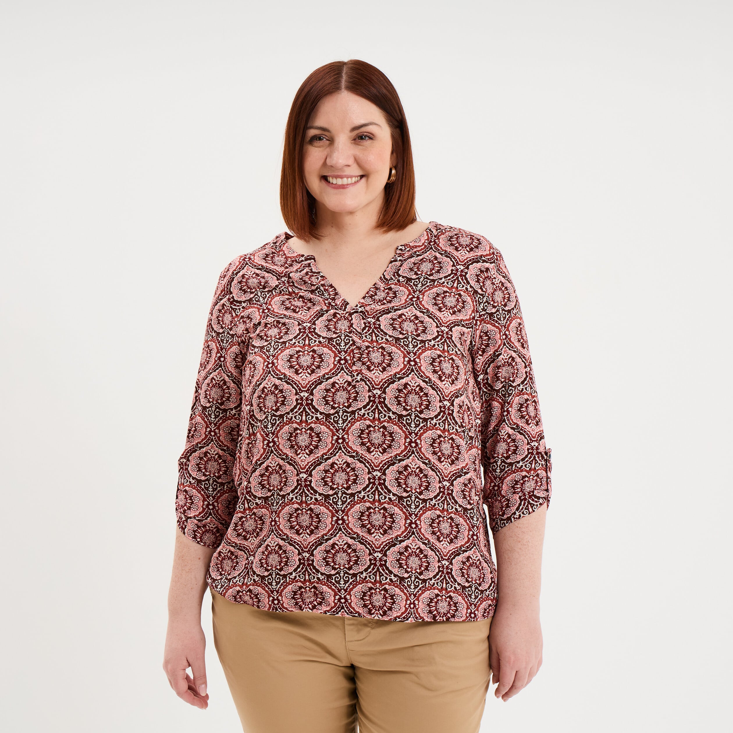 Blouse col tunisien manches 3/4 fluide marron chocolat femme grande taille