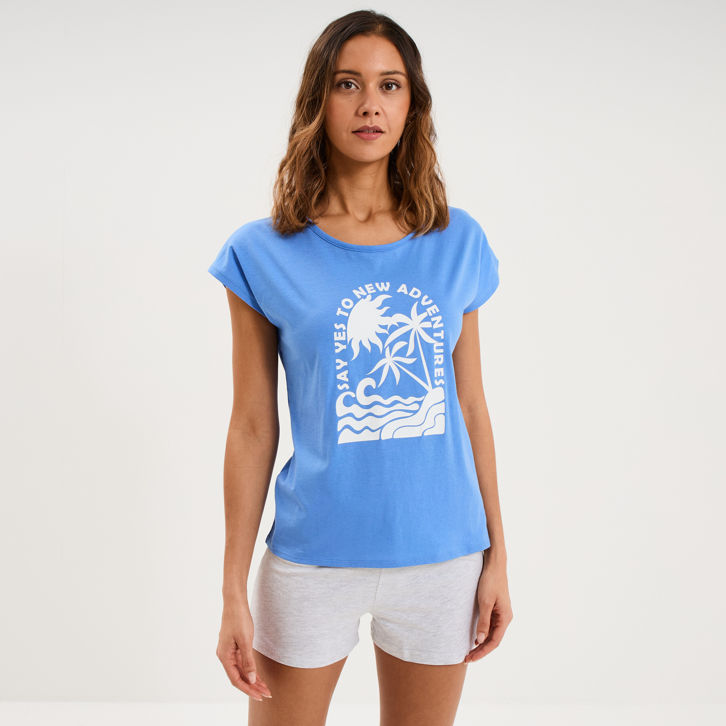 Ensemble pyjama short coton majoritaire bleu electrique femme