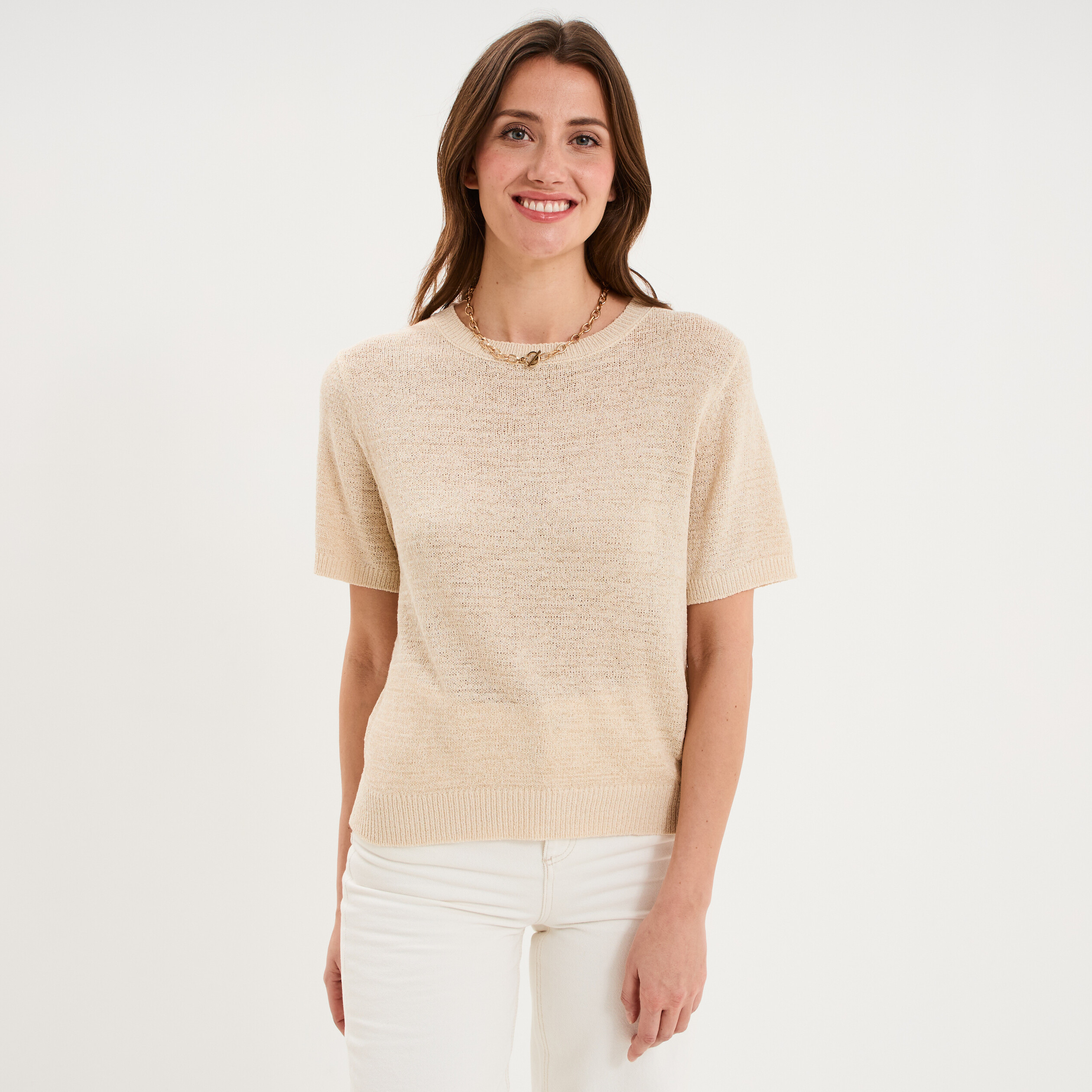 Pull manches courtes col rond beige femme