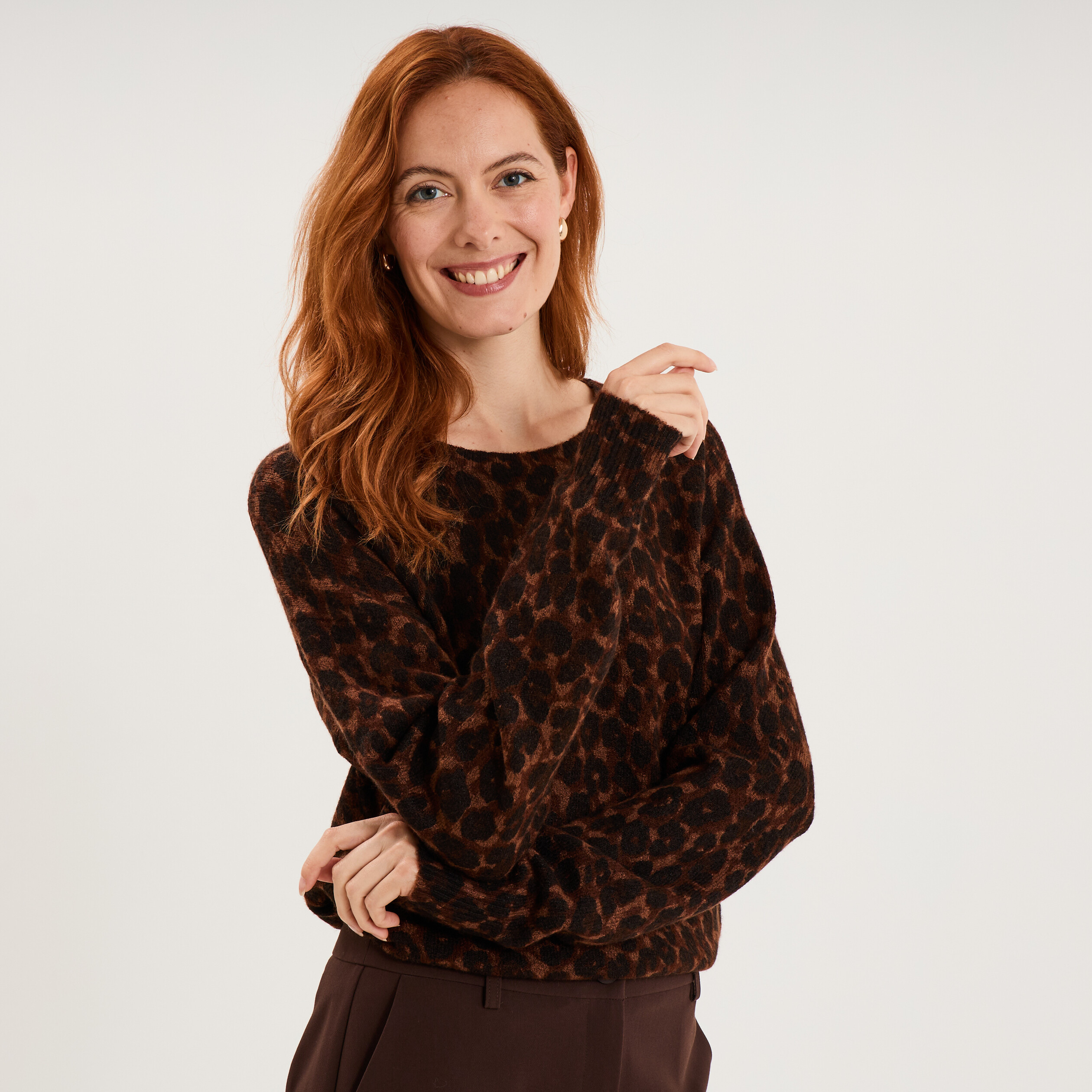 Pull droit col rond manches longues marron femme