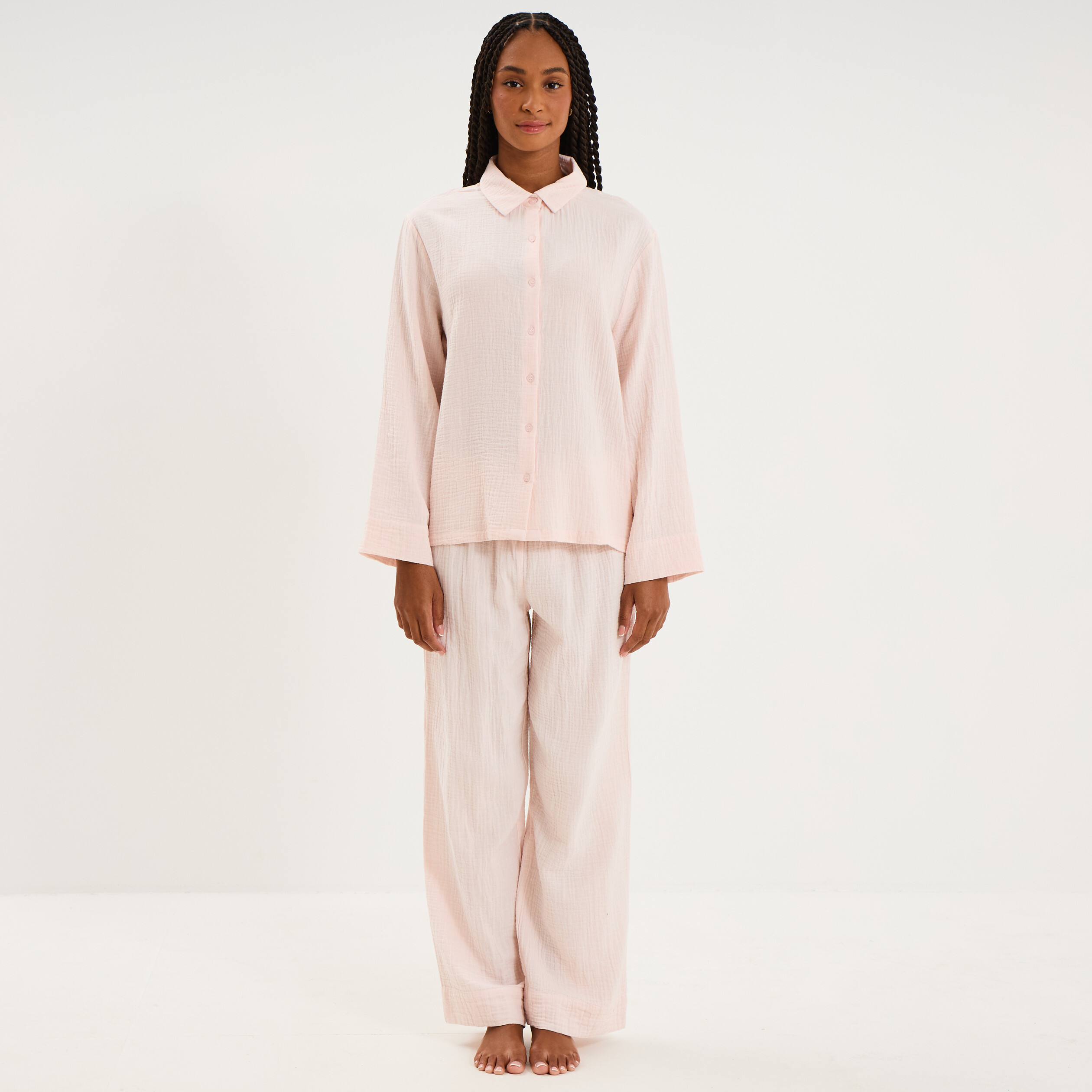 Ensemble pyjama chemise gaze de coton rose clair femme