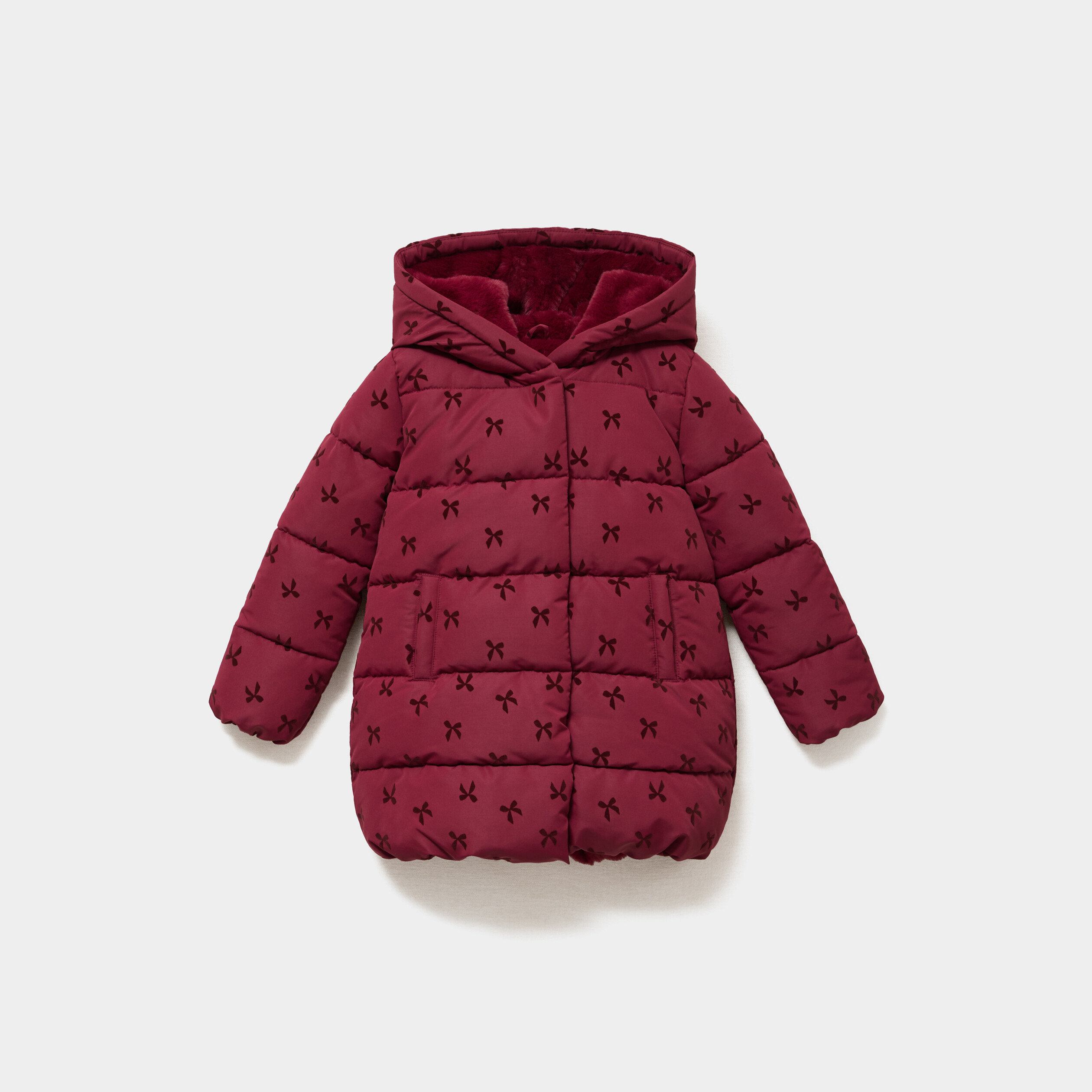 Doudoune fourr&eacute;e mi-longue &agrave; capuche bordeaux fille