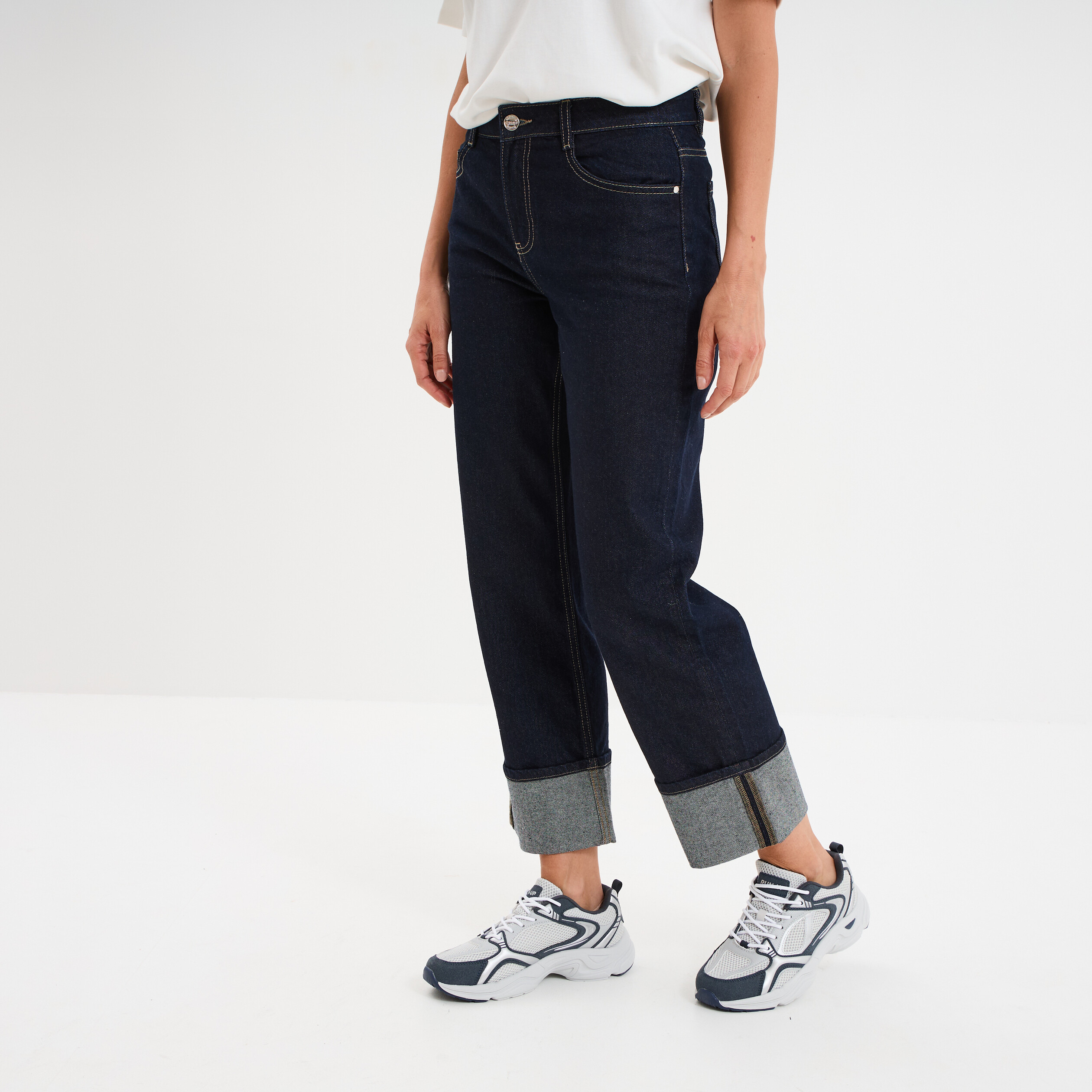 jeans droit taille haute revers 78eme denim brut femme Jeans droit taille haute revers 7/8ème denim brut femme