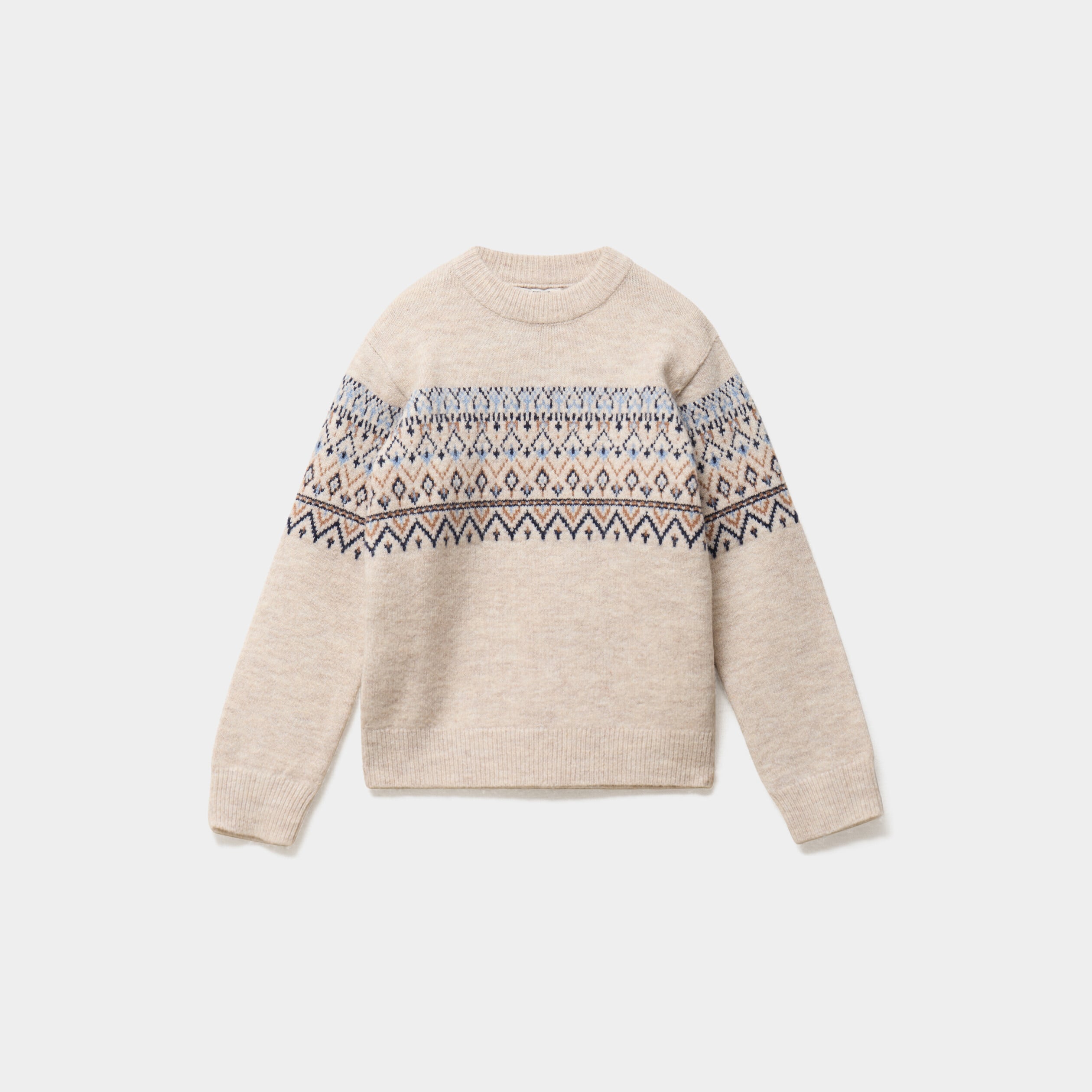 Pull jacquard col rond manches longues ecru gar&ccedil;on