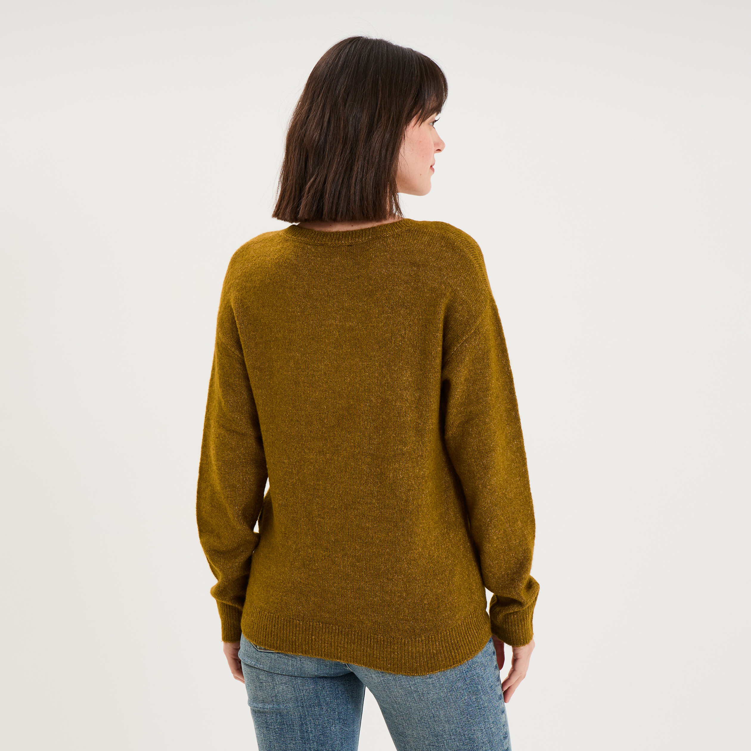 Pull col rond manches longues vert olive femme