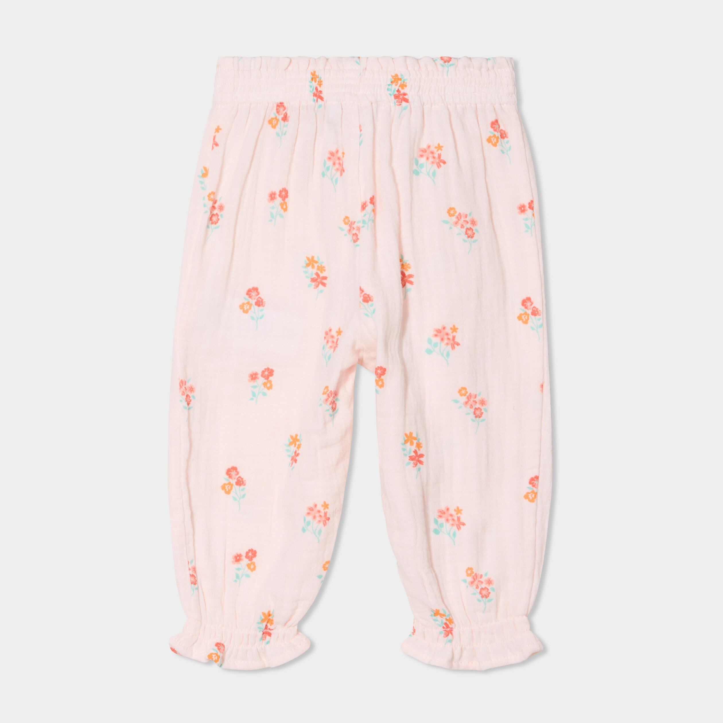 pantalon taille elastiquee gaze de coton rose clair bebef Pantalon taille élastiquée gaze de coton rose clair bébé fille