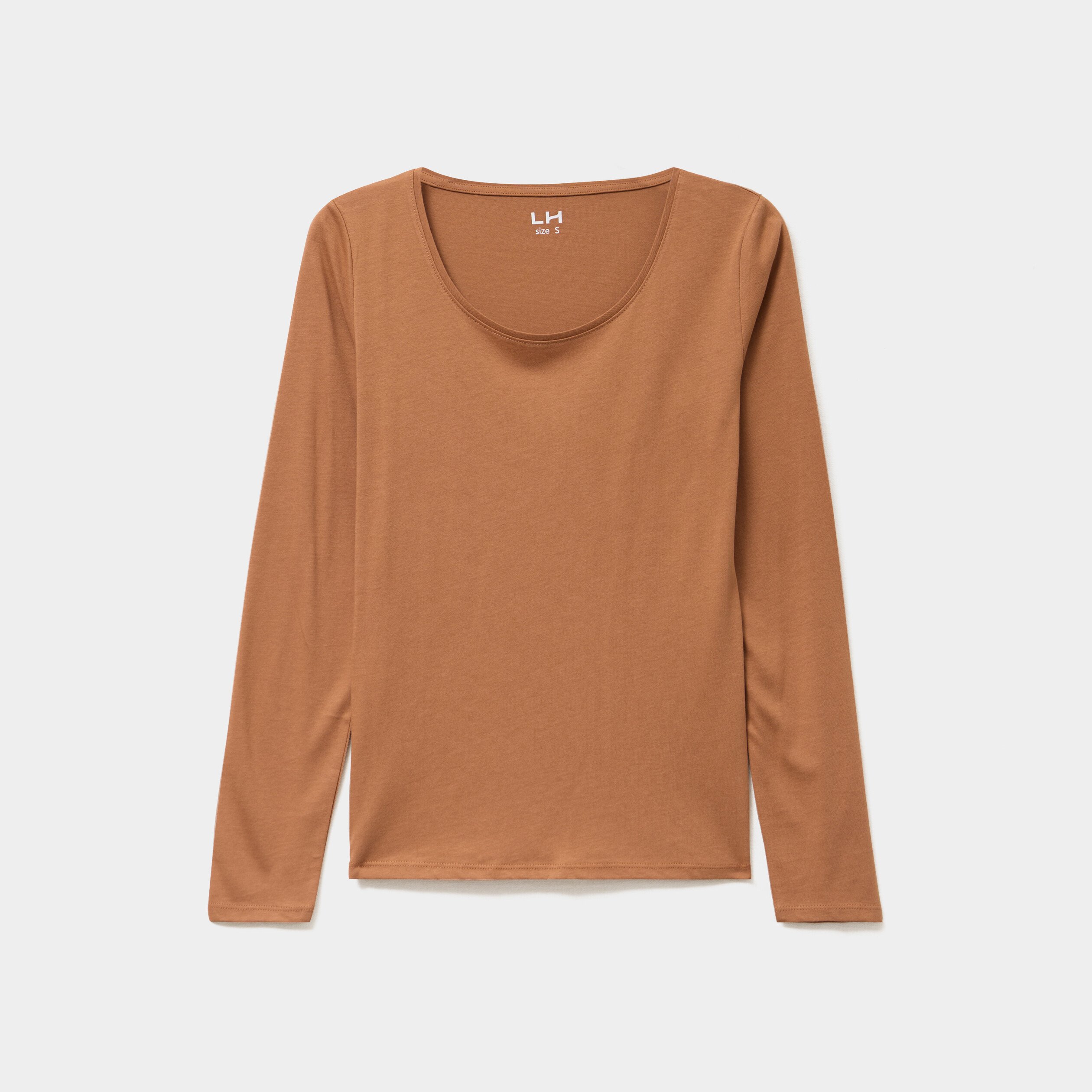 t shirt coton col rond manches longues marron clair femme T-shirt coton col rond manches longues marron clair femme