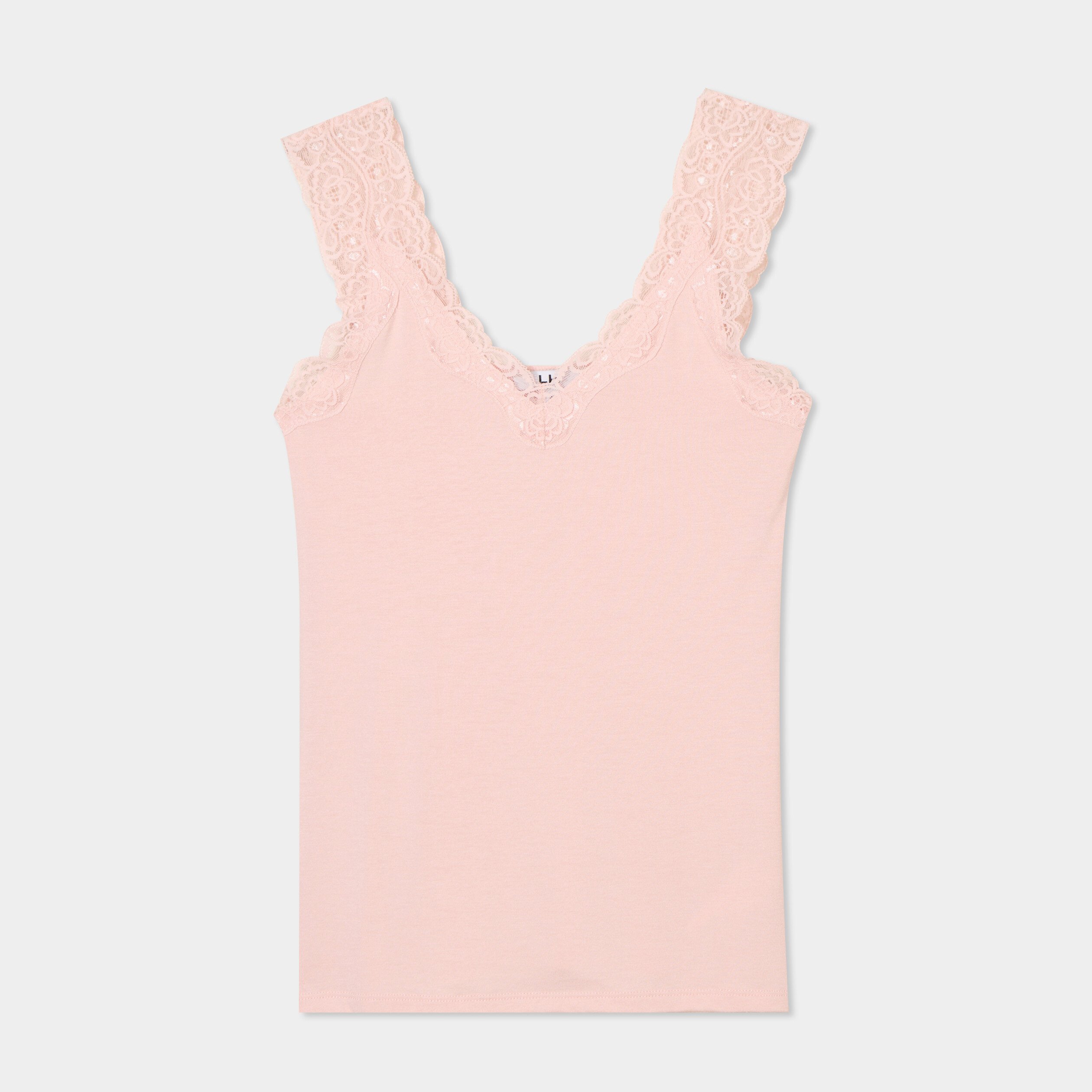 debardeur ajuste avec dentelle rose clair femme Débardeur ajusté avec dentelle rose clair femme